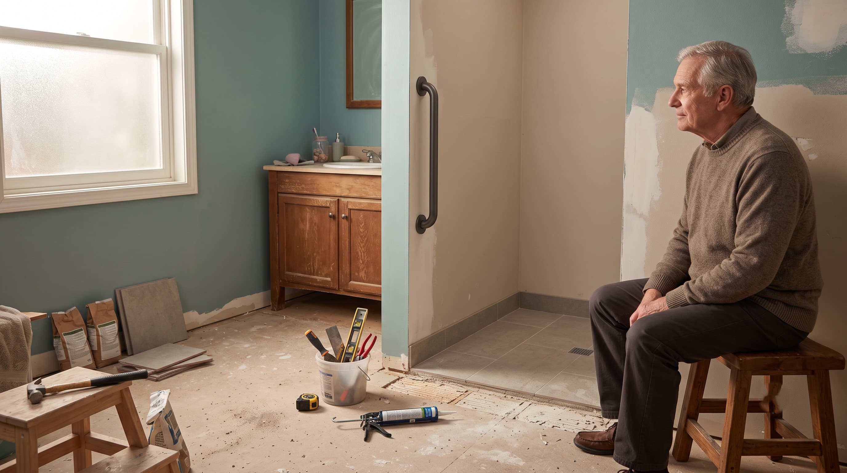 A bathroom mid-renovation showing a newly installed grab bar and walk-in shower entry