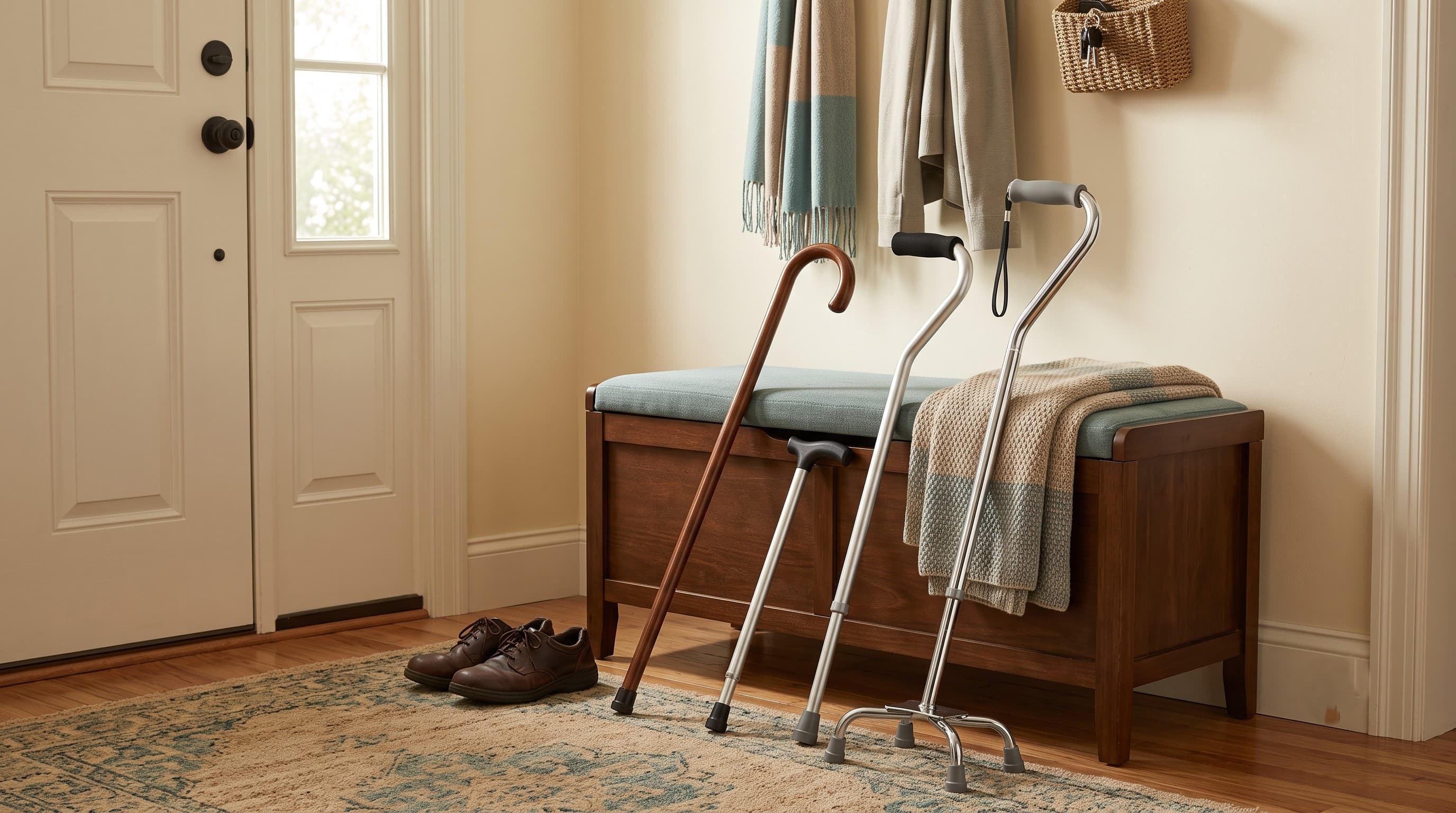 Several different cane styles leaning against a bench near a home entryway