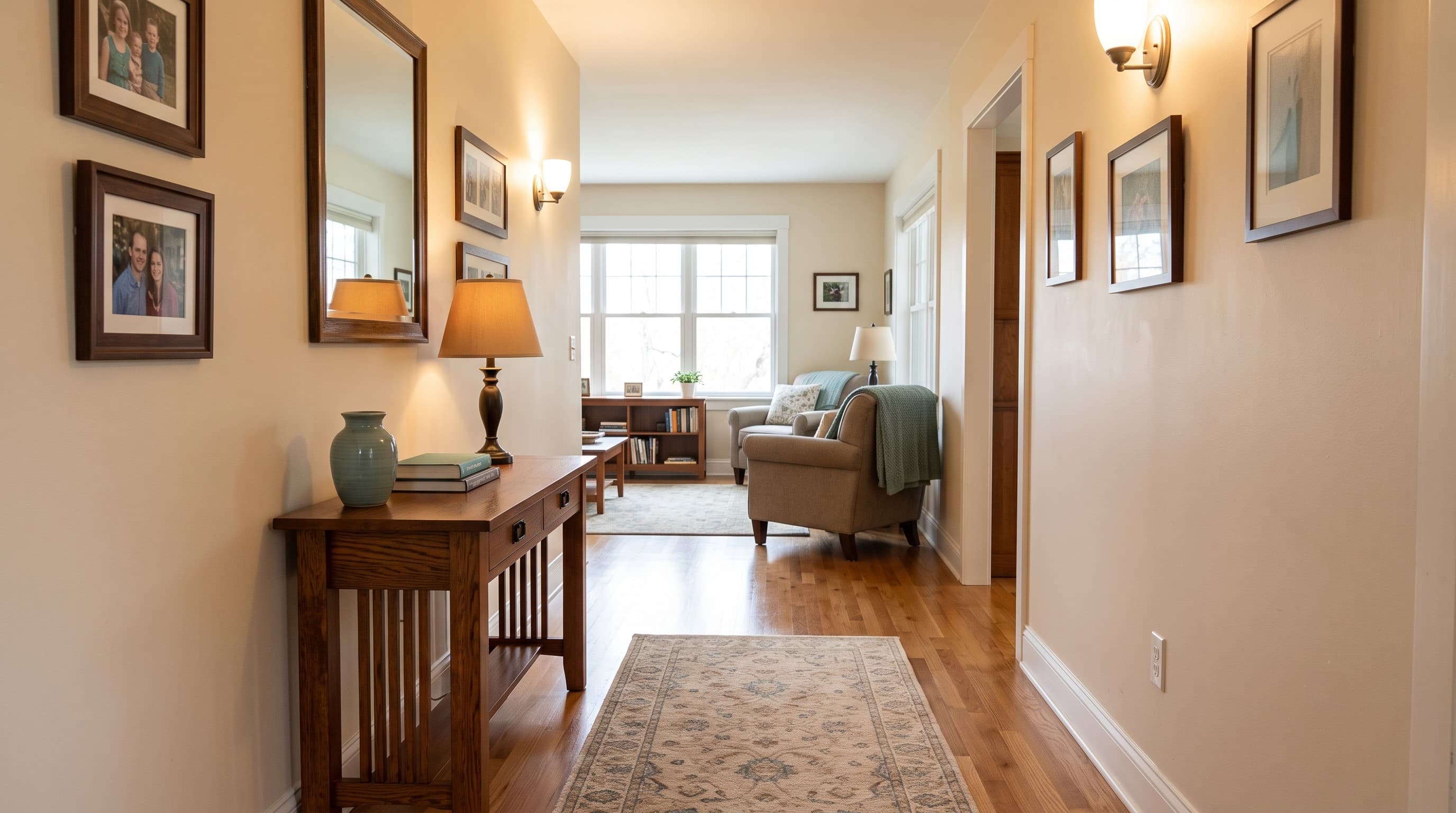 A tidy, clutter-free living room hallway with warm lighting
