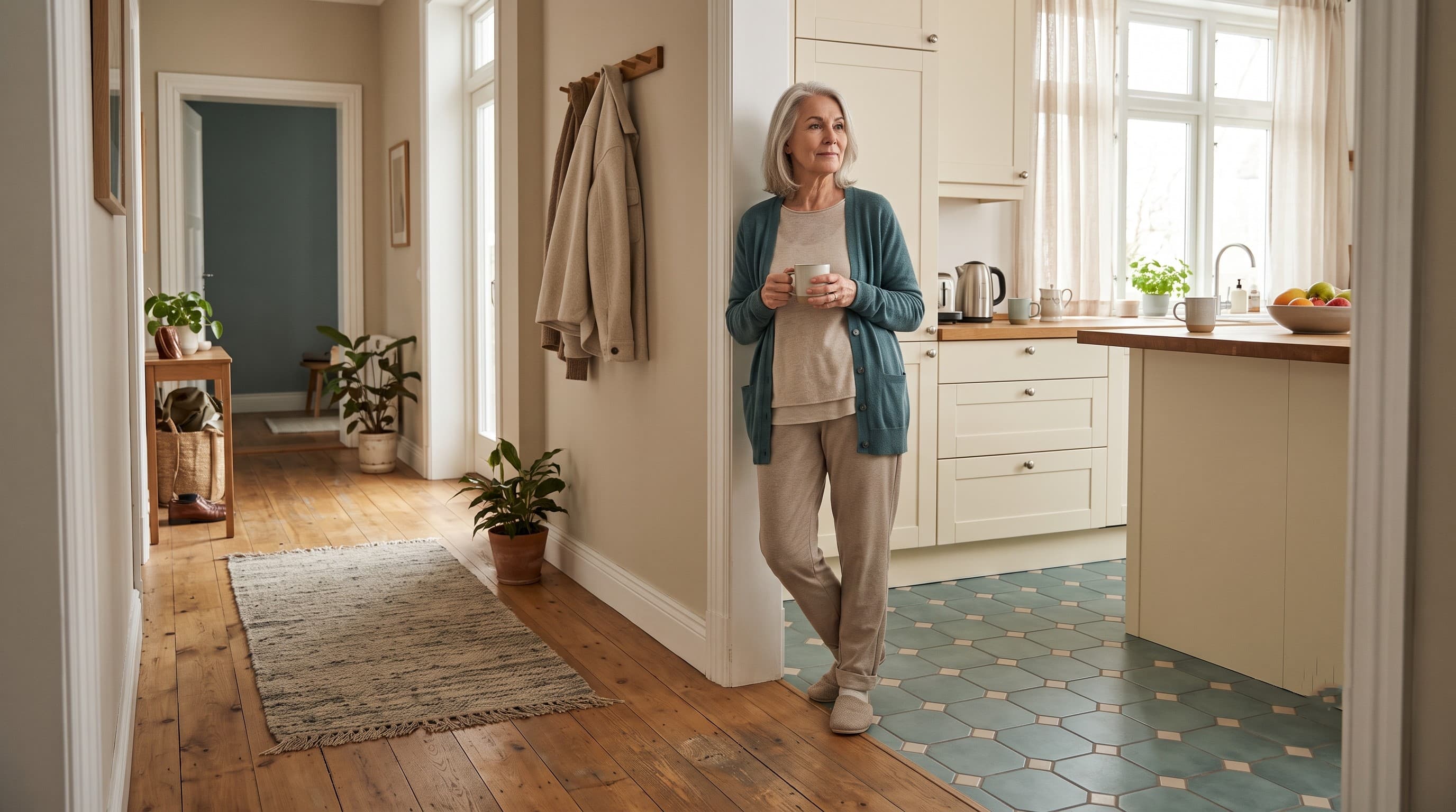 A home interior showing the transition between hardwood hallway flooring and tiled kitchen flooring