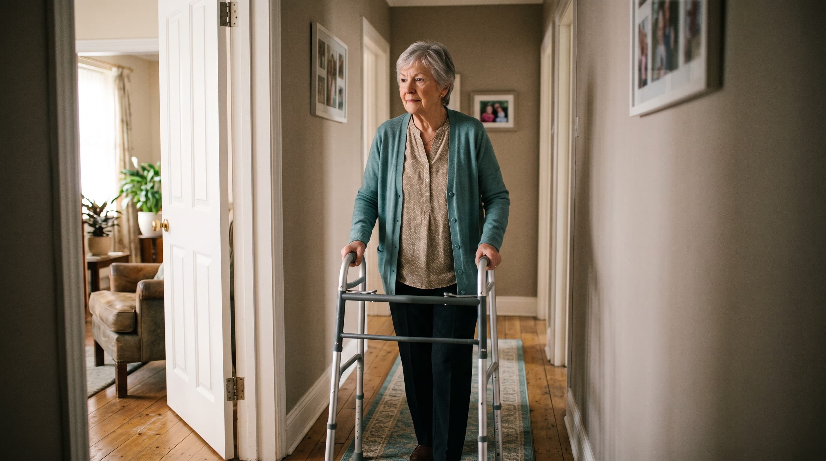 An older adult using a walker to move through a narrow, tidy home hallway