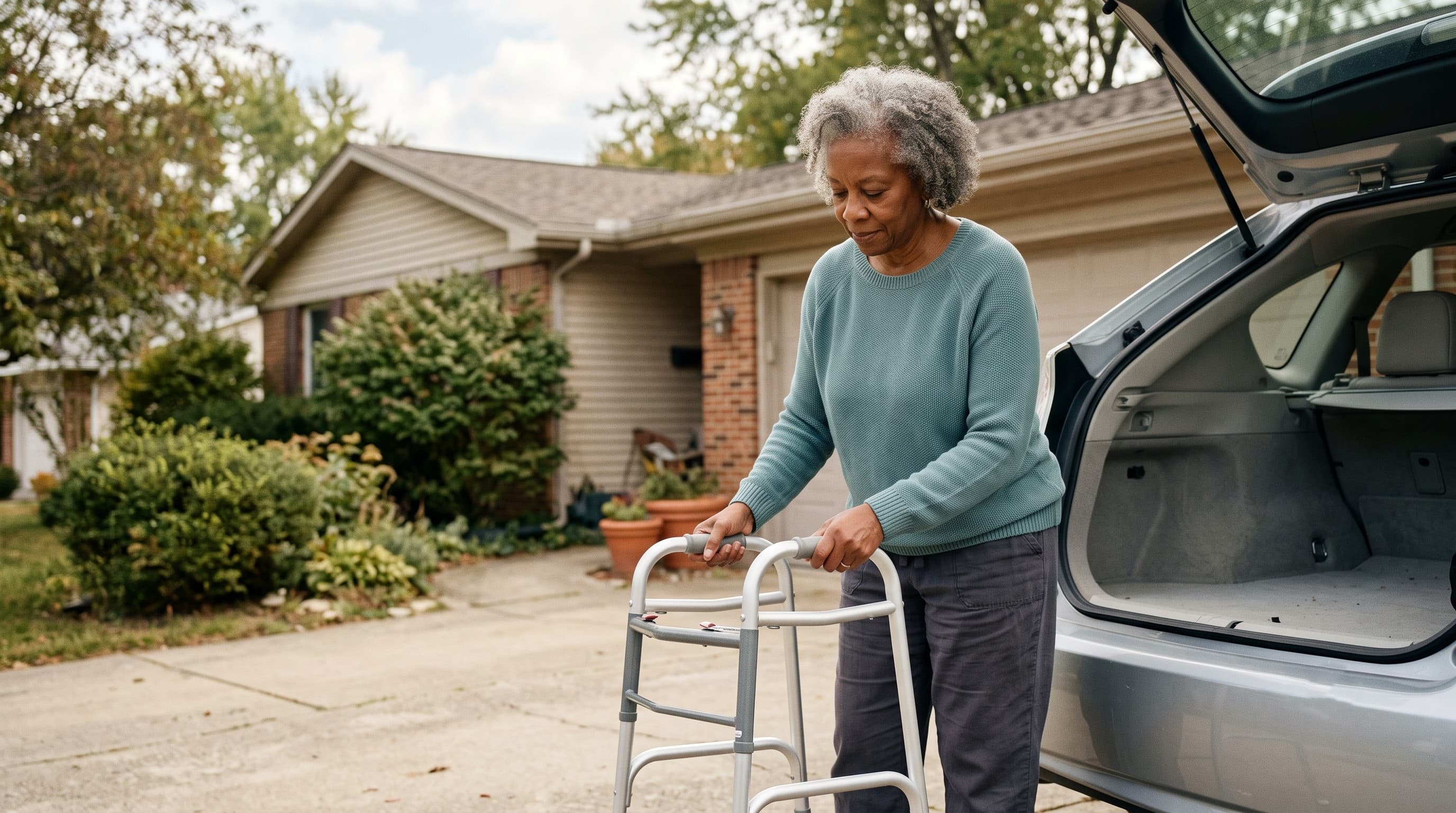 An older woman folding a lightweight walker to place it into a car trunk