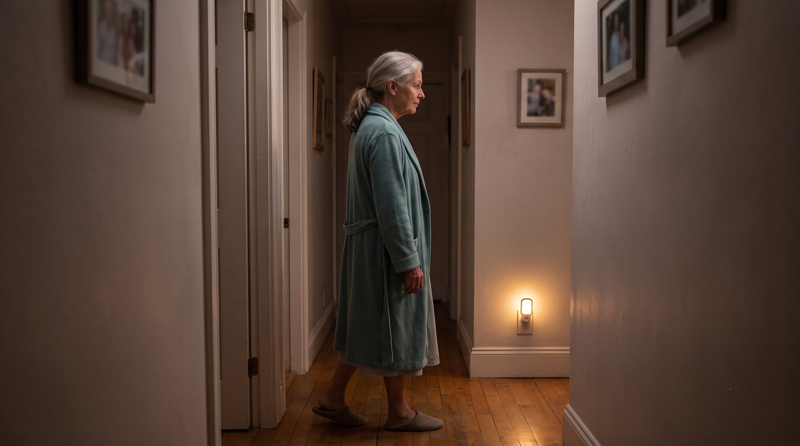 A dim hallway at night softly lit by a small plug-in night light near the floor