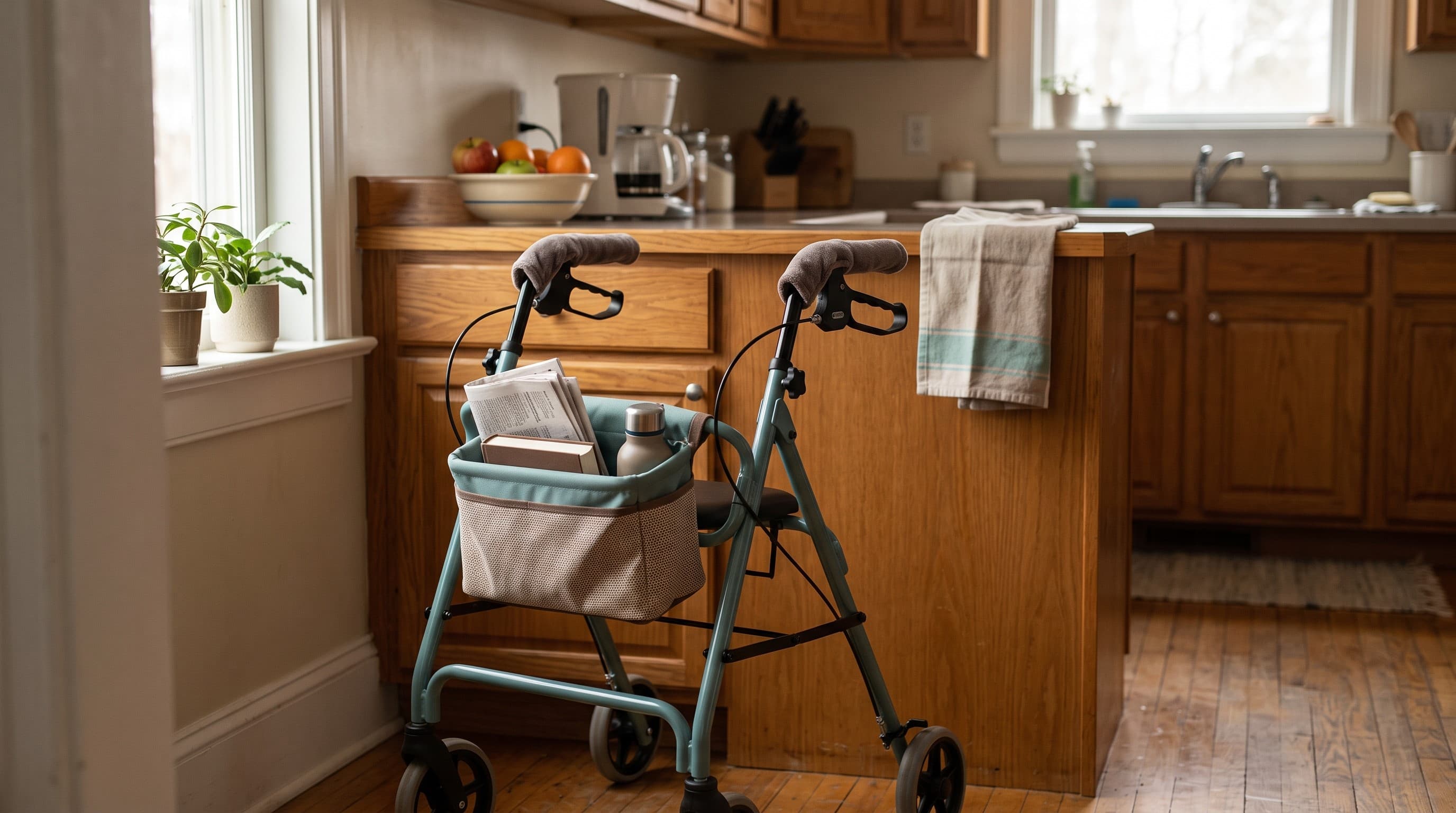 A walker fitted with a small storage basket and cushioned grip covers