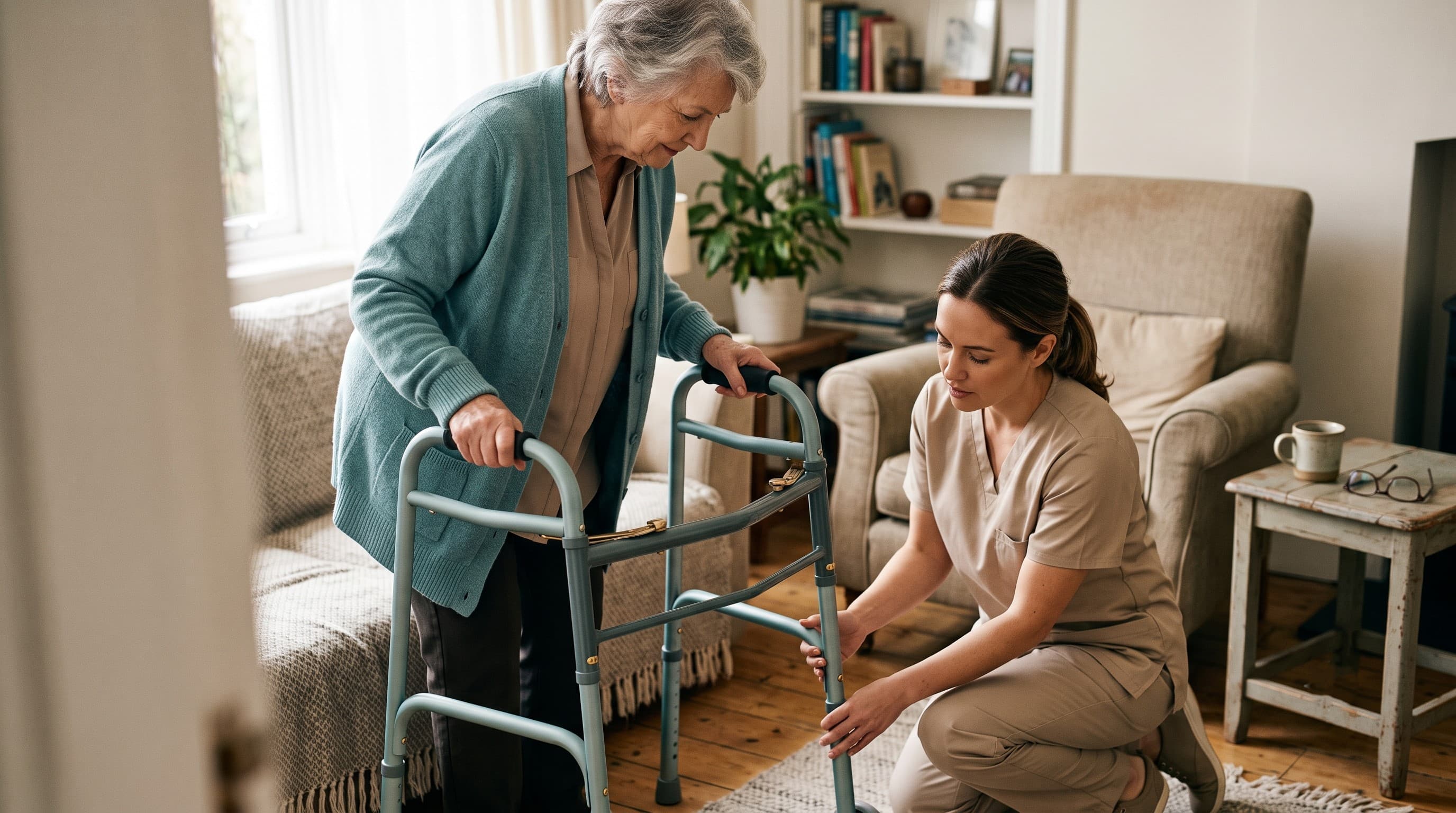 A caregiver adjusting the height setting on a walker leg while an older adult holds the walker's grips