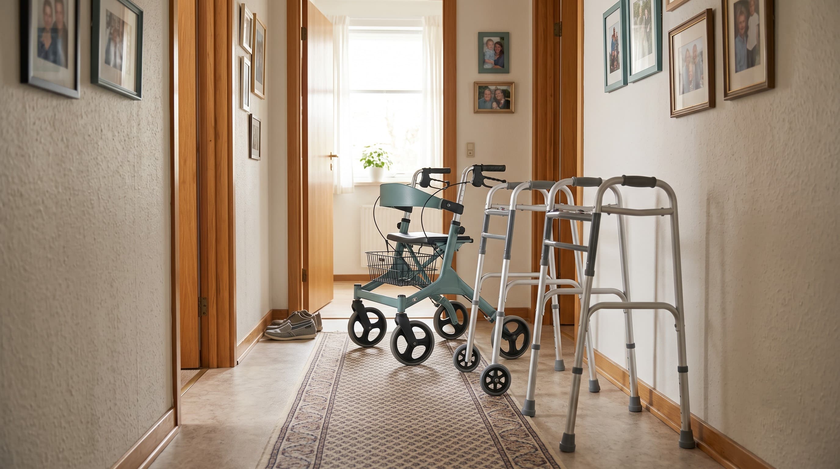 Three different types of walkers — a standard walker, a two-wheel walker, and a rollator — lined up in a home hallway