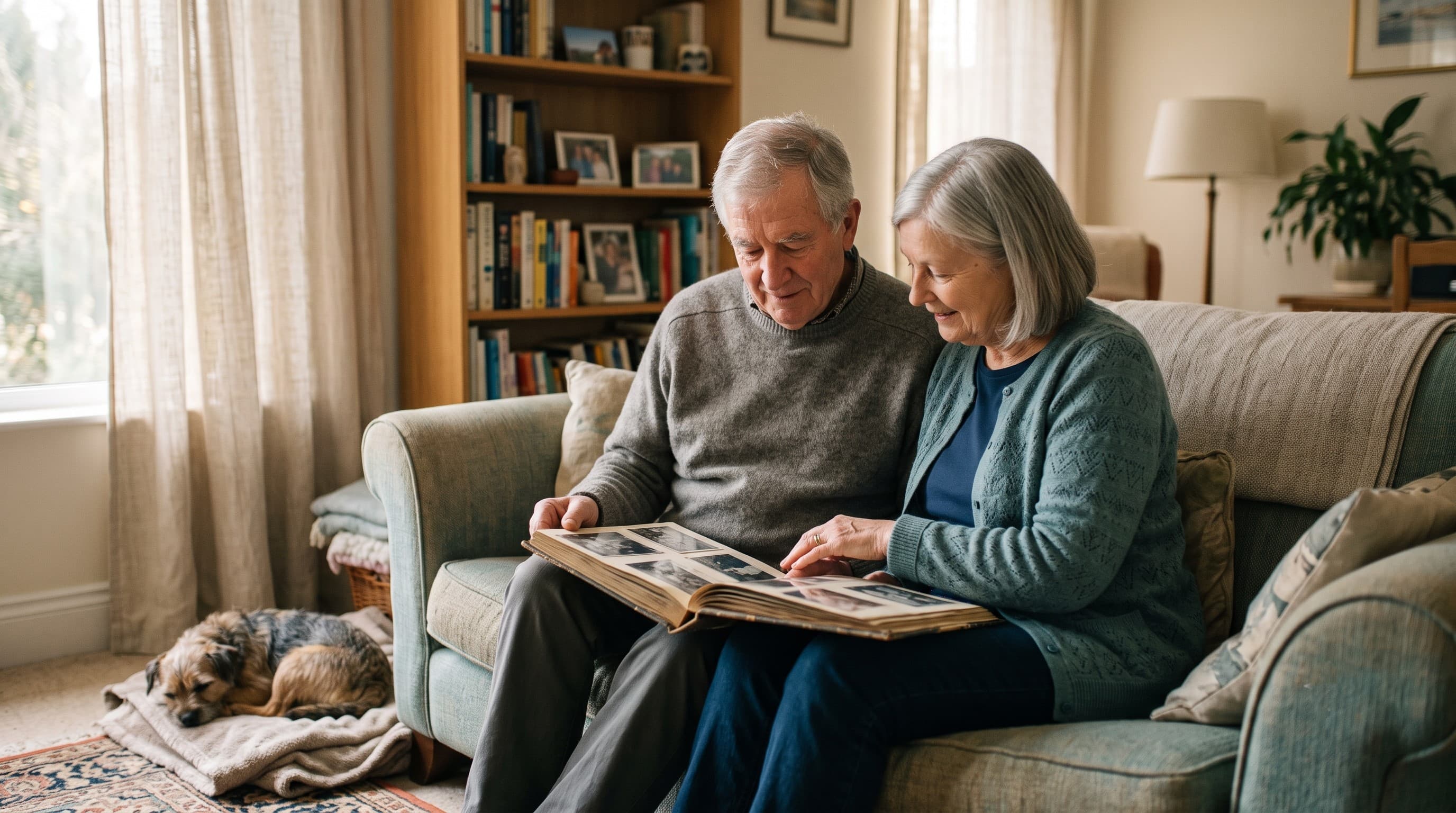 An older couple sitting together on a sofa in a sunlit living room, looking through a photo album