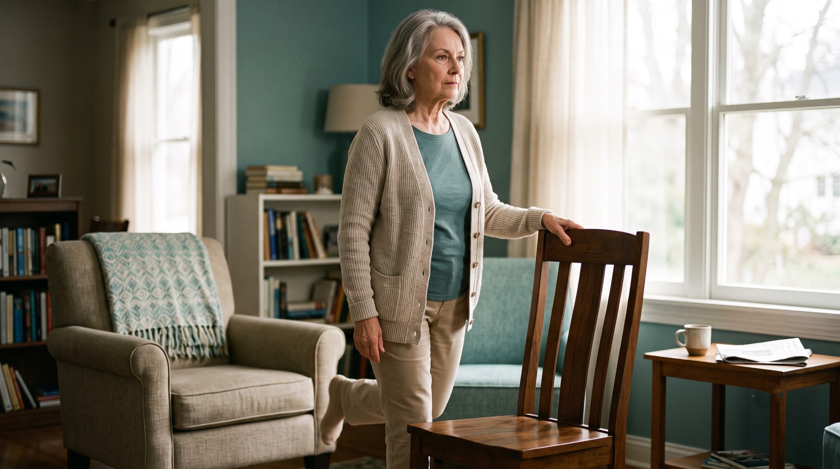 An older adult practicing a standing balance exercise while holding the back of a sturdy chair