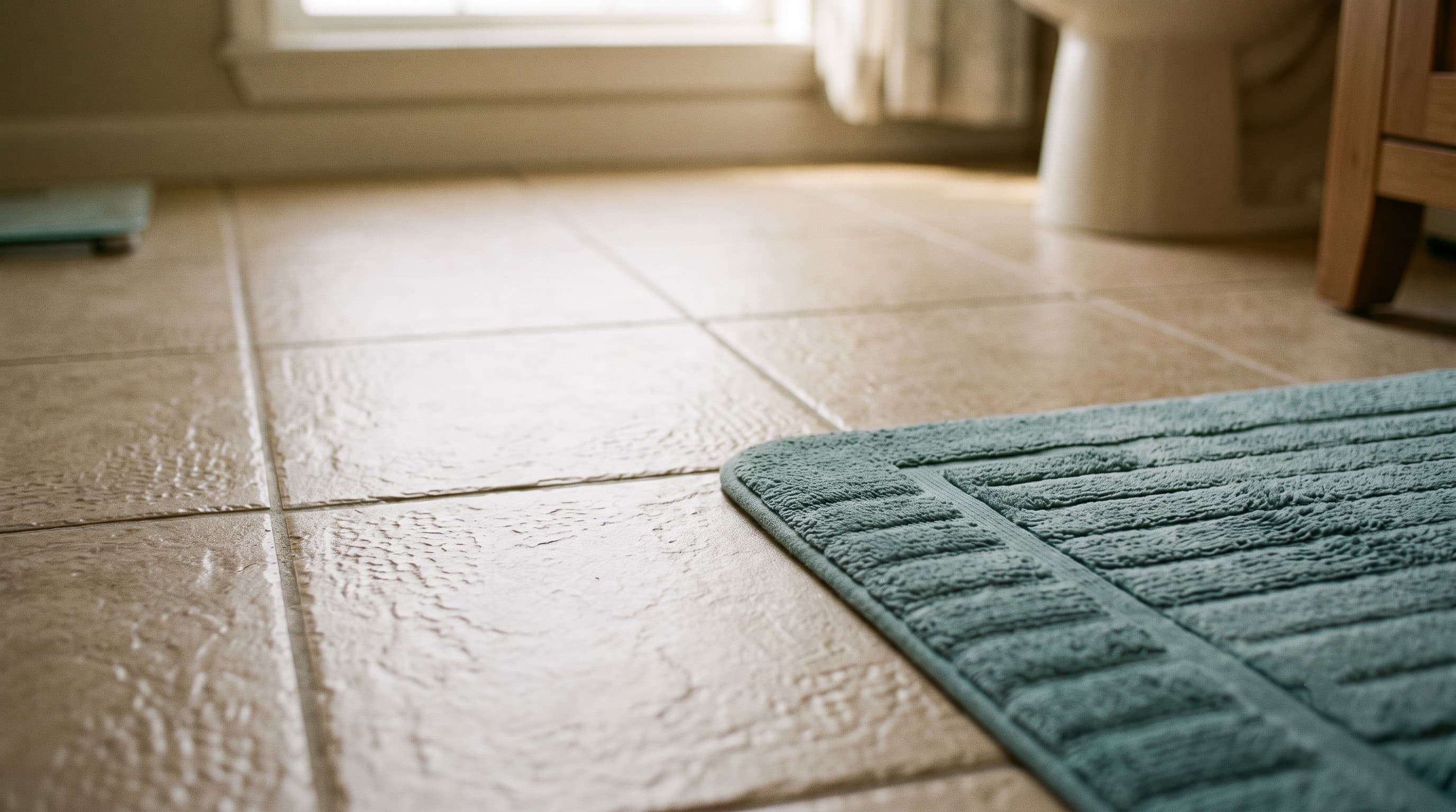 Close-up of textured, matte-finish bathroom floor tile with a non-slip mat