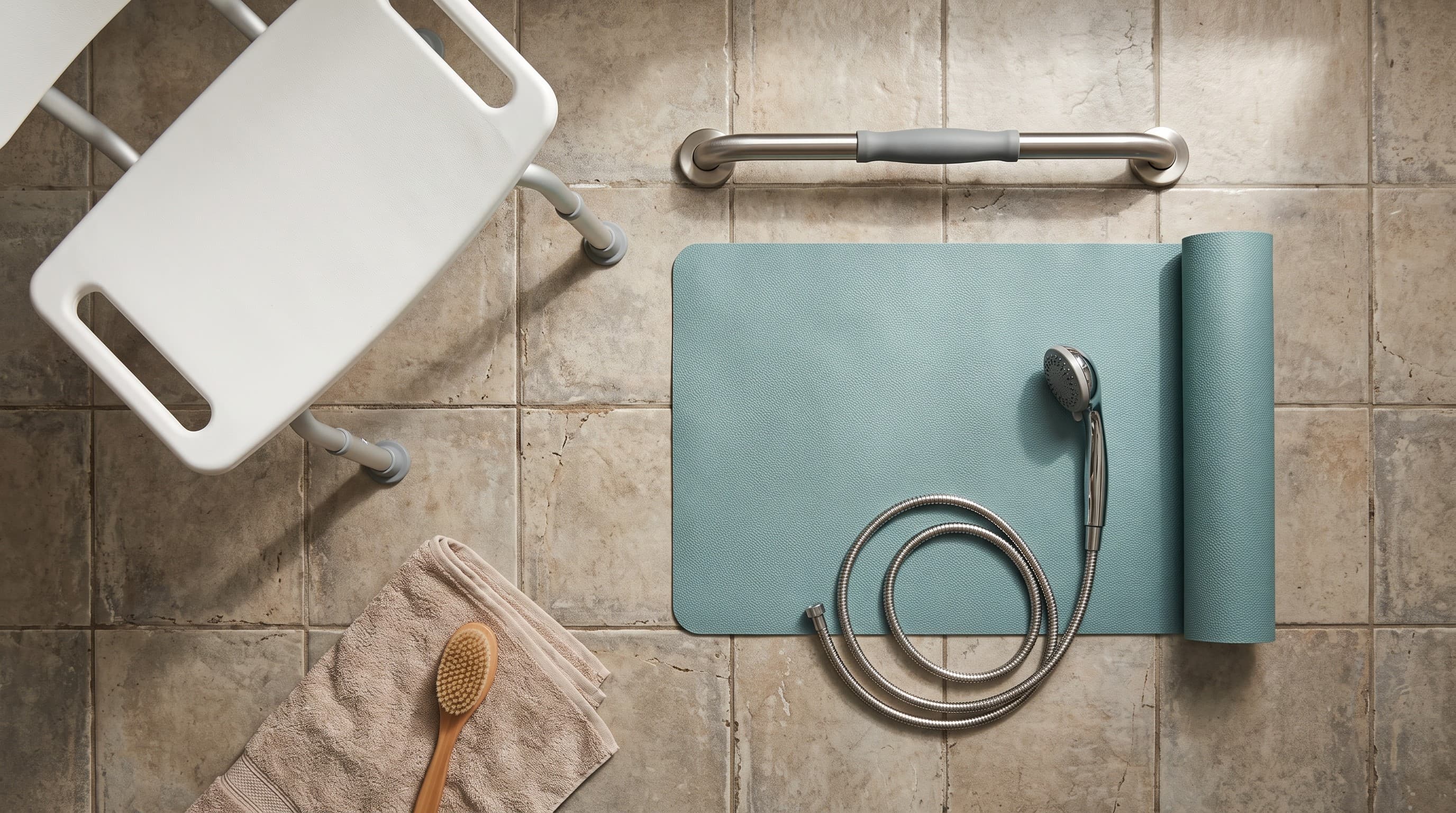 A flat-lay of bathroom safety products including a shower chair, grab bar, non-slip mat, and hand-held showerhead