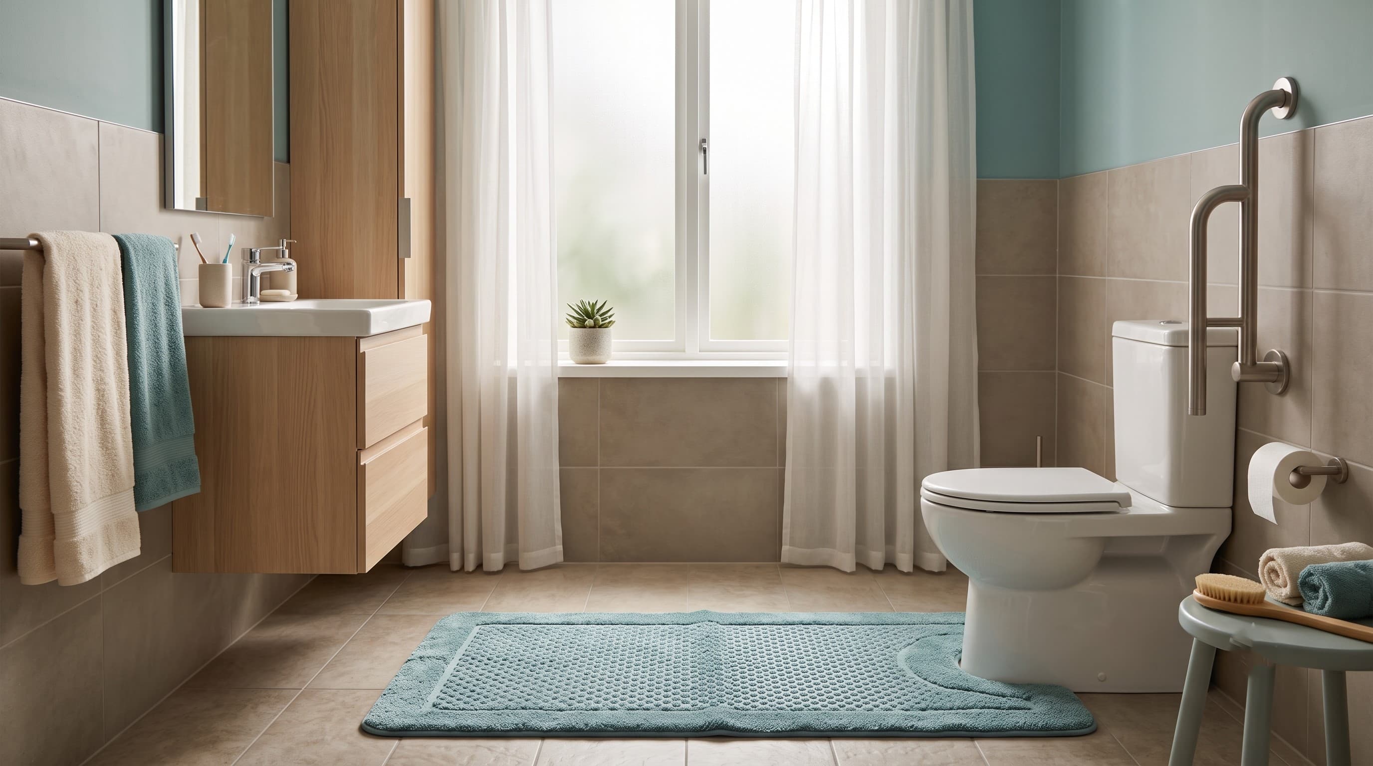 A clean bathroom with a wall-mounted grab bar beside the toilet and a non-slip bath mat