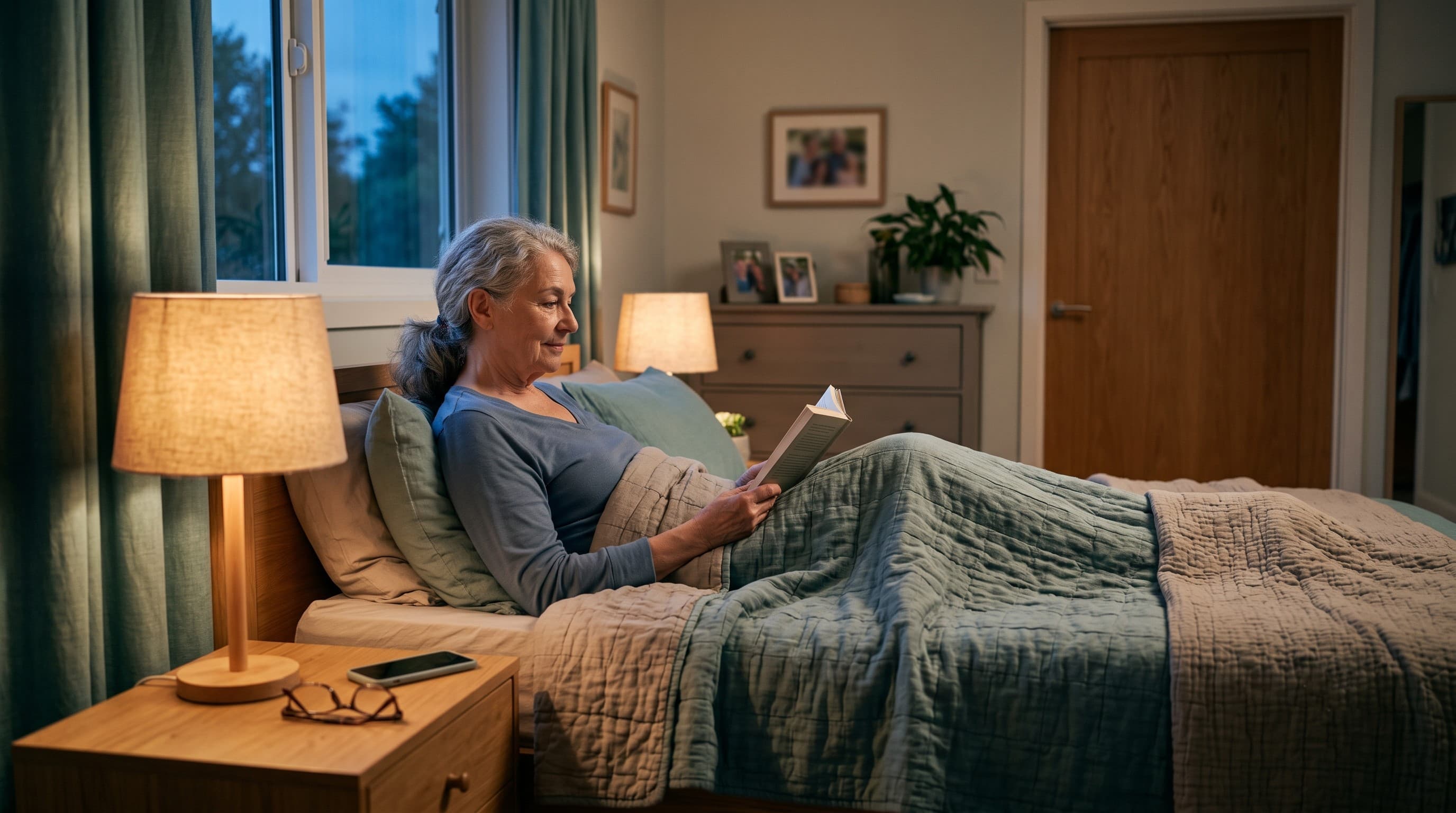 A calm bedroom at dusk with a bedside lamp on and a phone within reach on the nightstand