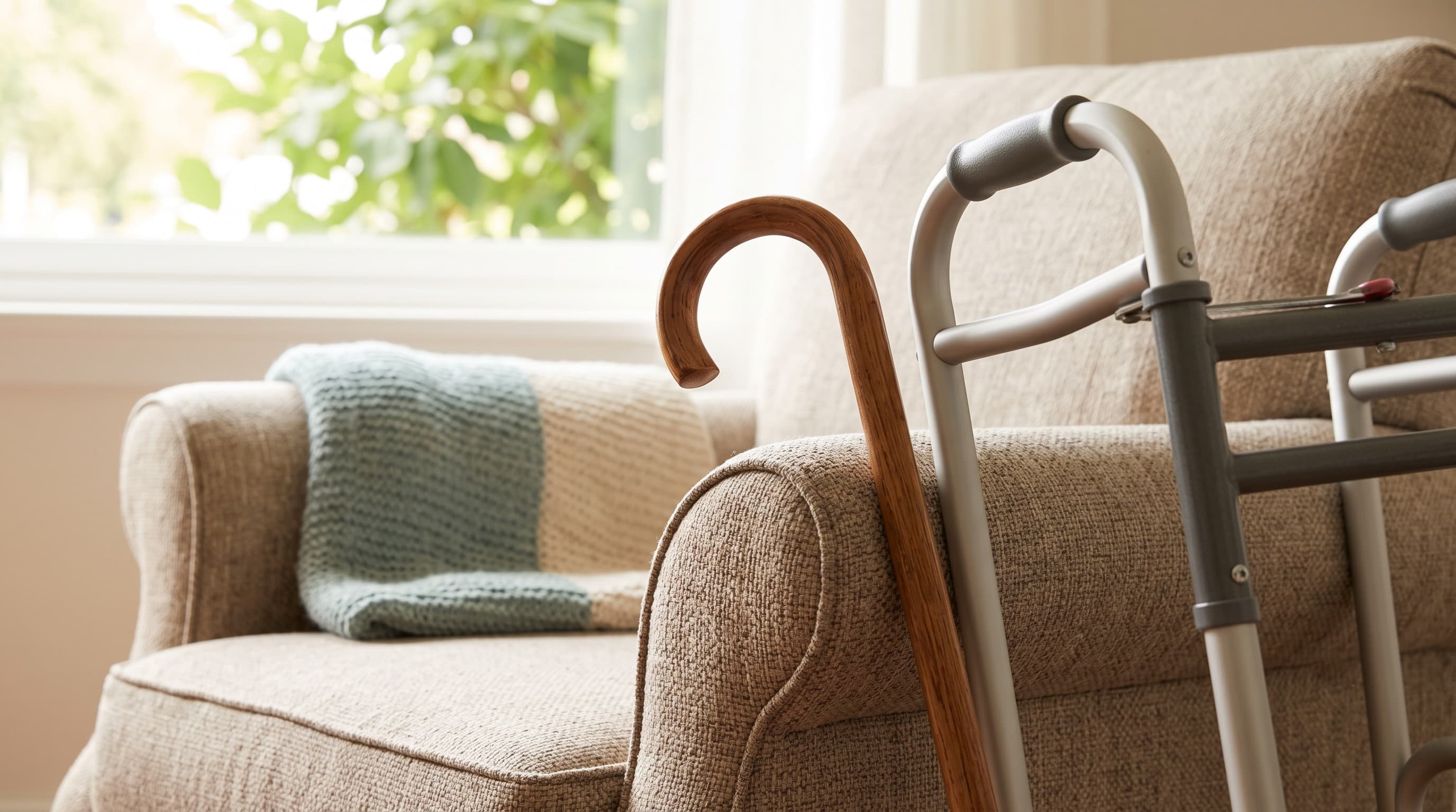 A wooden cane and an aluminum walker leaning side by side against an armchair