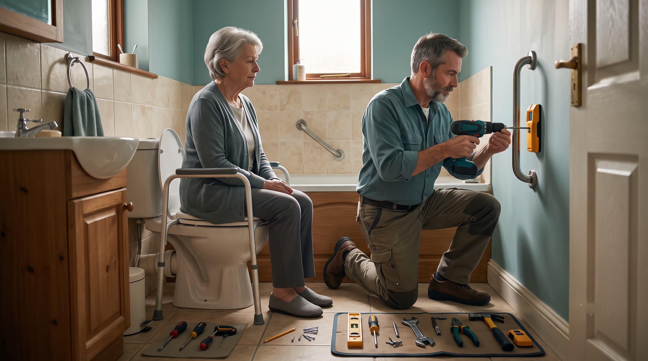 A handyman using a stud finder and drill to install a grab bar into a bathroom wall