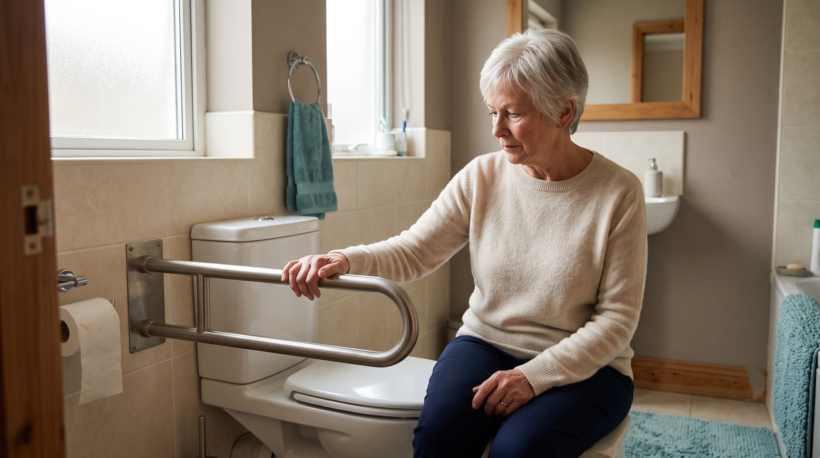 A securely mounted grab bar on the wall beside a toilet in a clean, well-lit bathroom