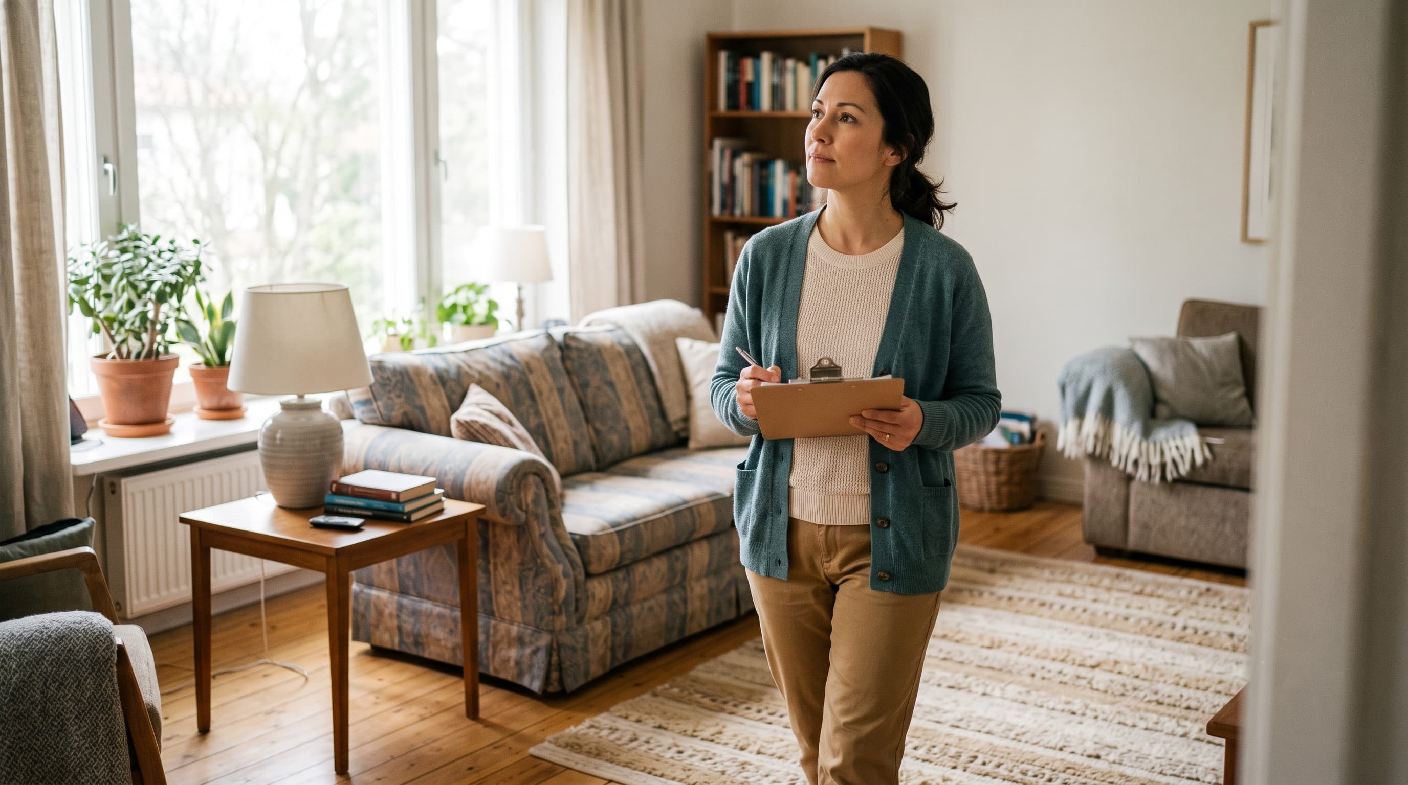 An adult child holding a clipboard while checking a living room for home safety hazards