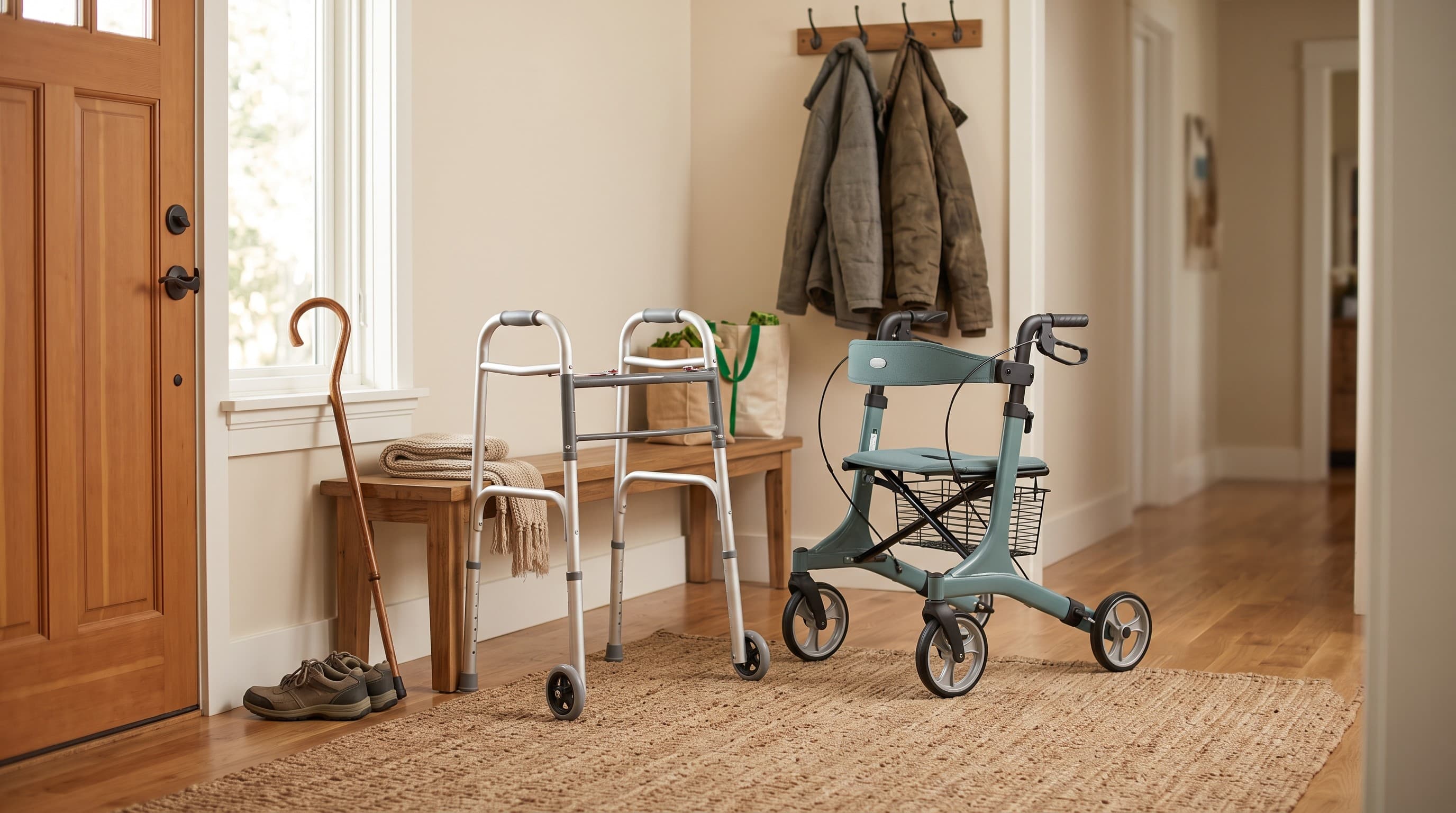 A cane, walker, and rollator lined up together in a bright home entryway