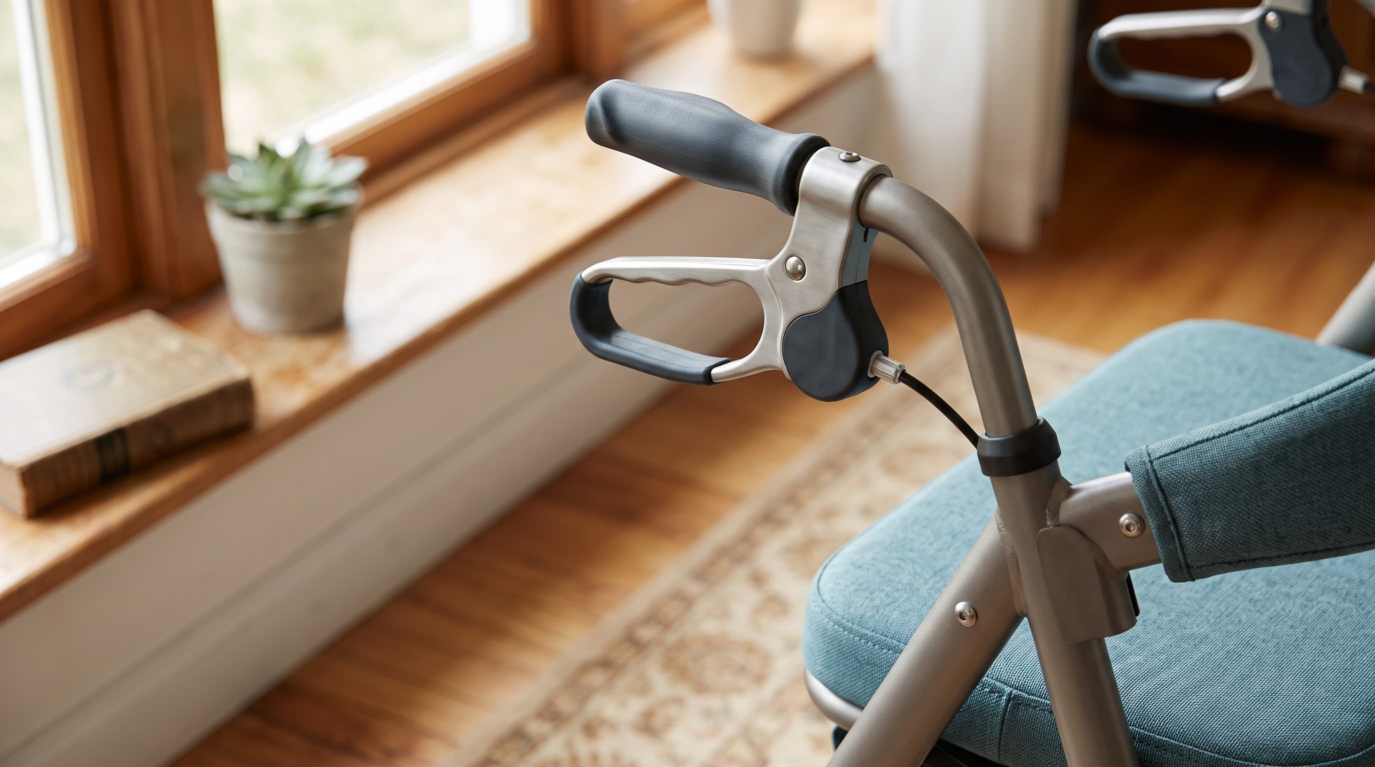 Close-up of a rollator's hand brake and padded seat