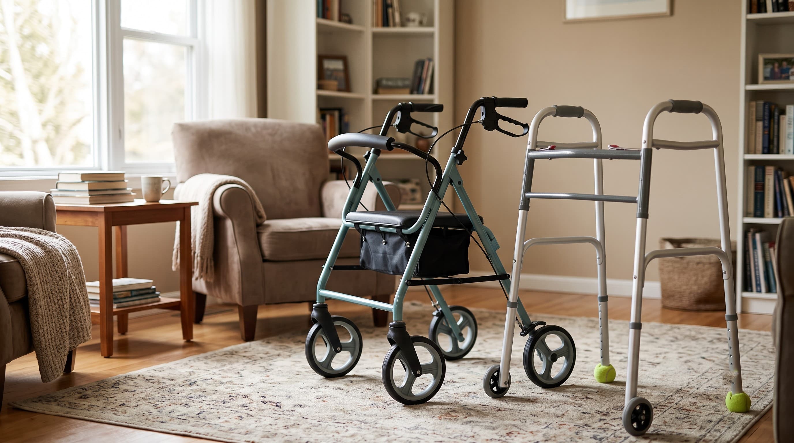 A four-wheeled rollator with a seat positioned next to a standard four-legged walker