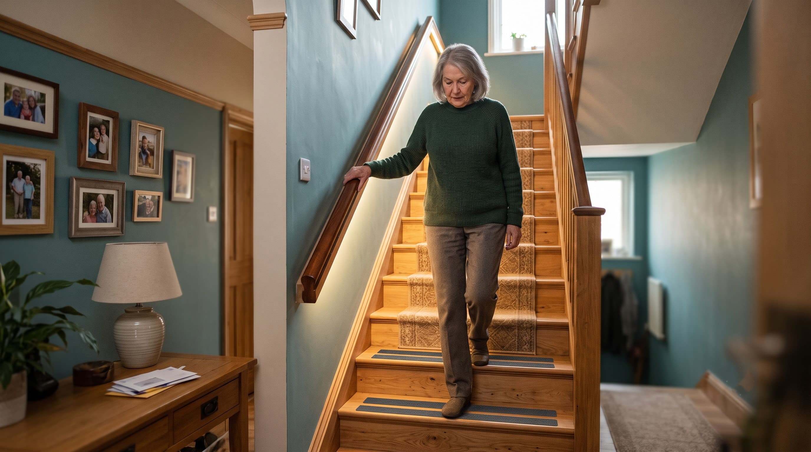 A staircase with a sturdy handrail, non-slip tread strips, and bright, even lighting