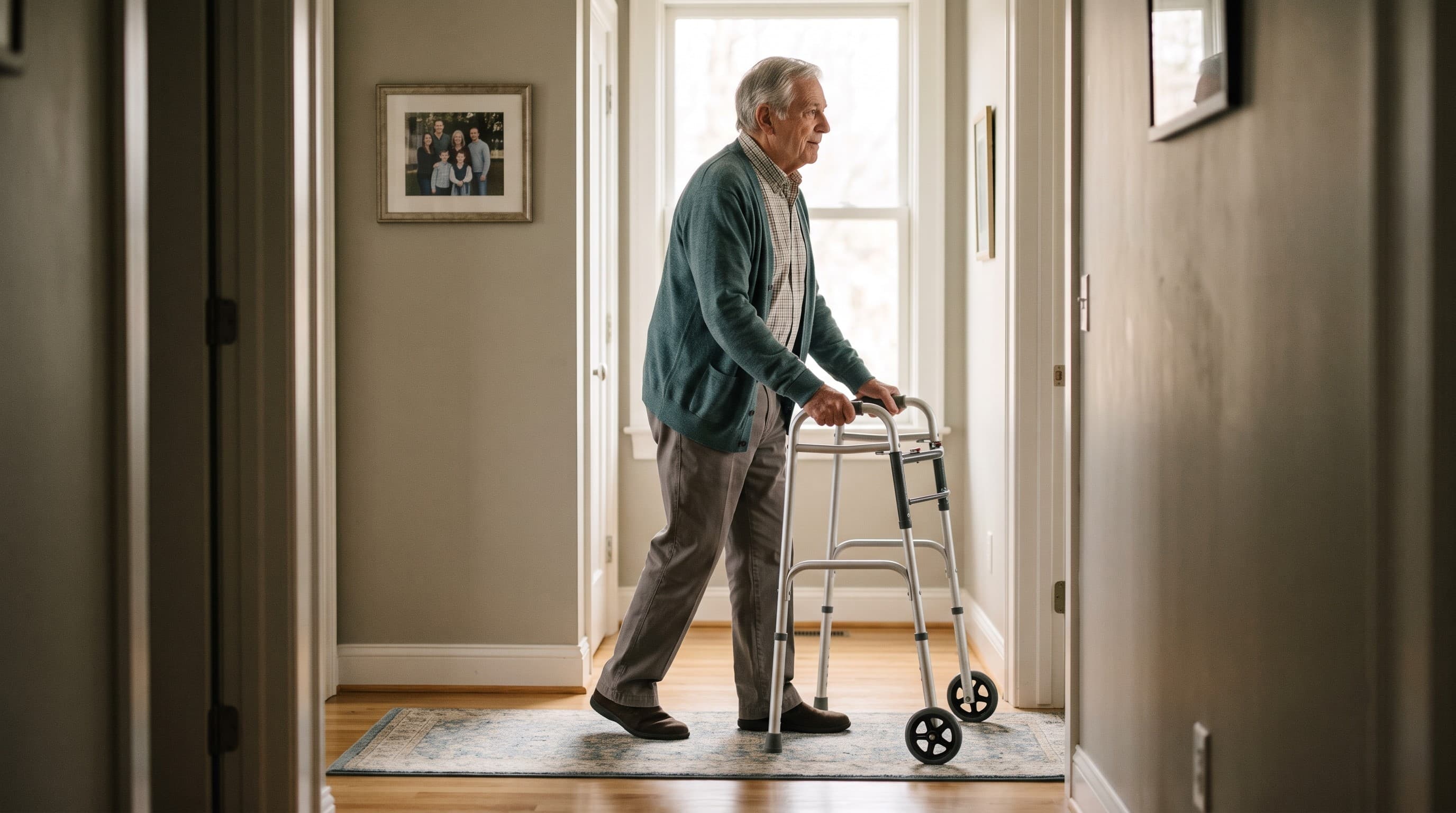 An older man walking with a walker through a clear, well-lit hallway using correct upright posture