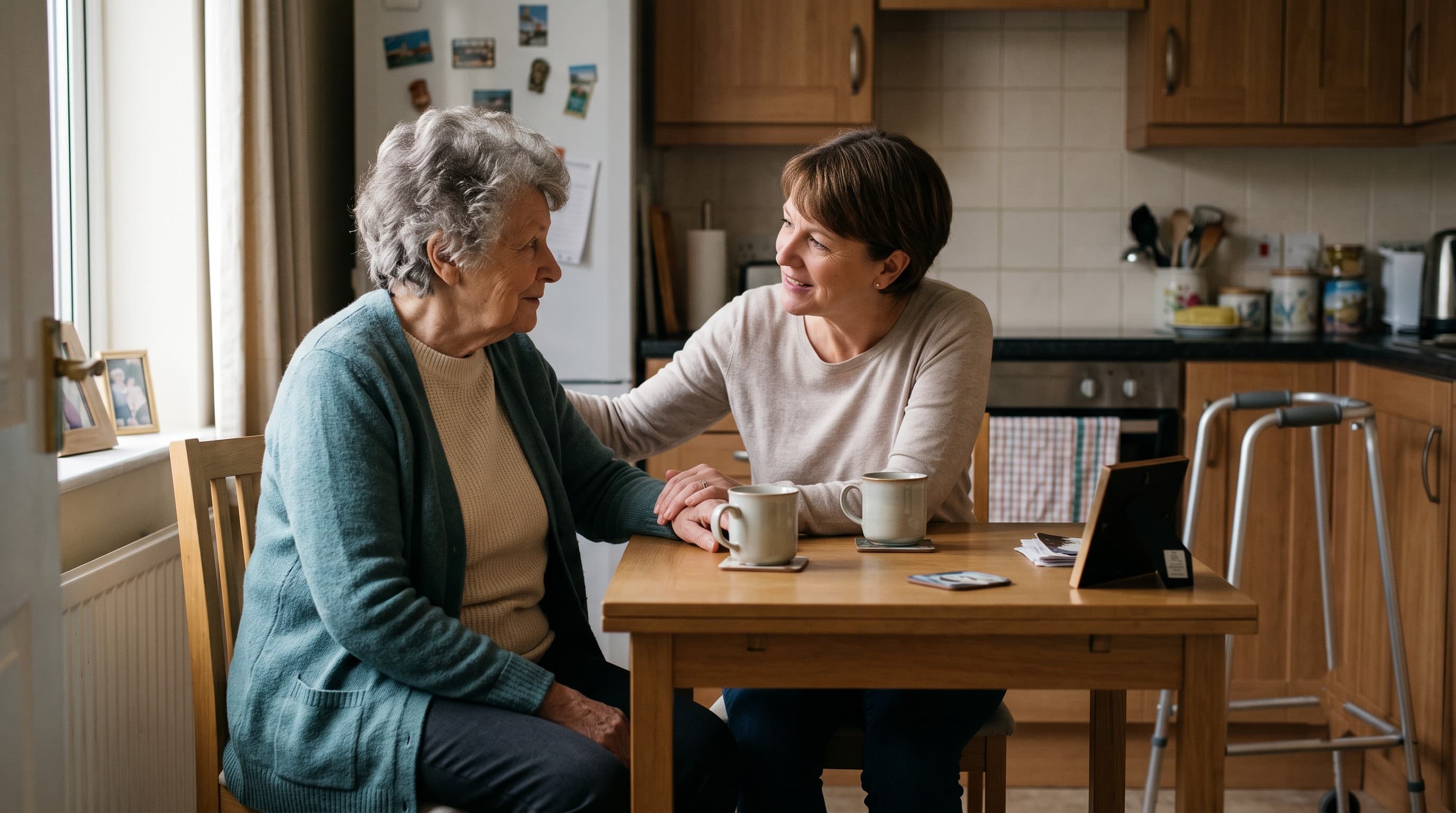 An adult child and older parent talking warmly at a kitchen table, with a walker visible nearby