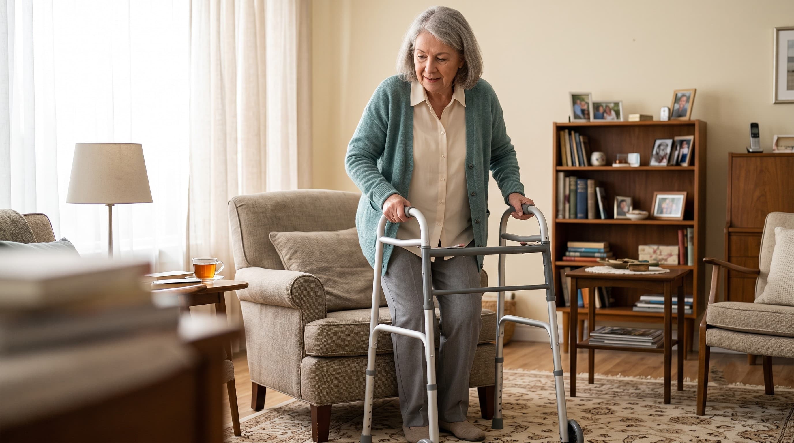 An older adult safely standing up from a chair while holding a walker's grips