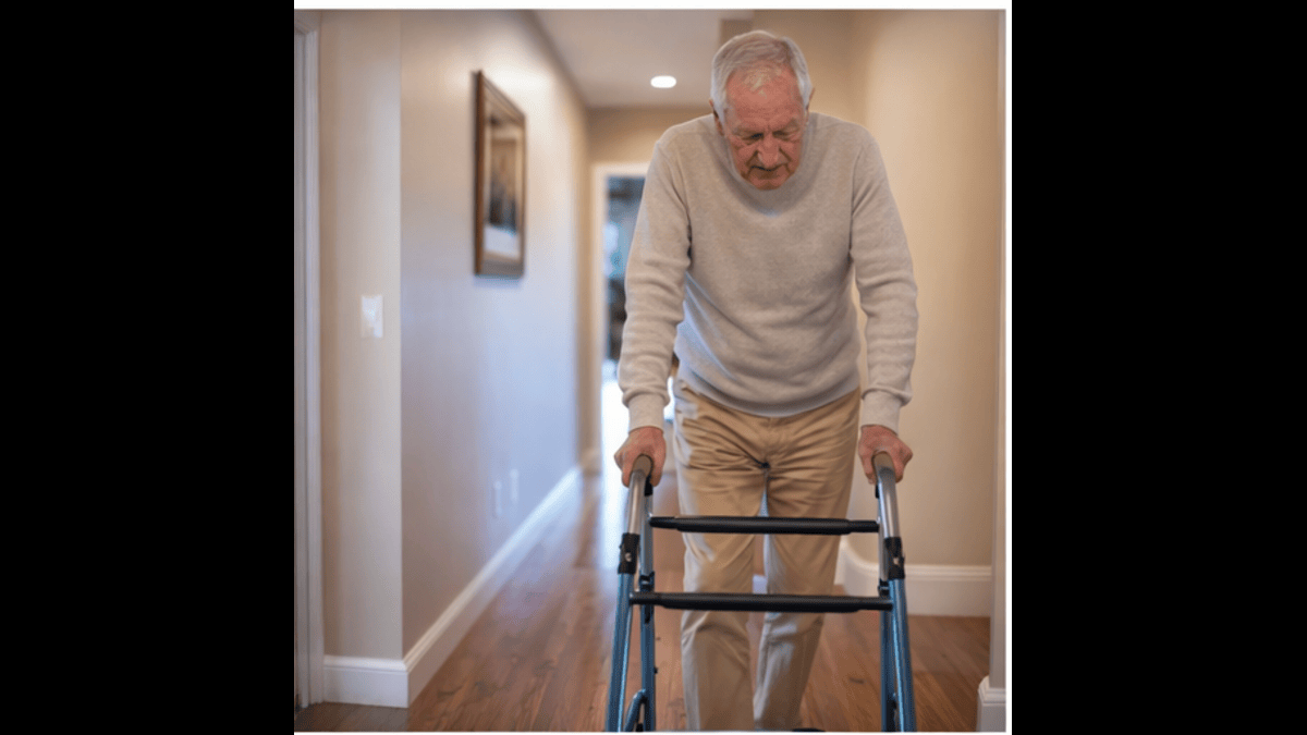 Senior man using a standard walker safely inside the home while walking through a hallway, demonstrating indoor mobility support and fall prevention for elderly users.