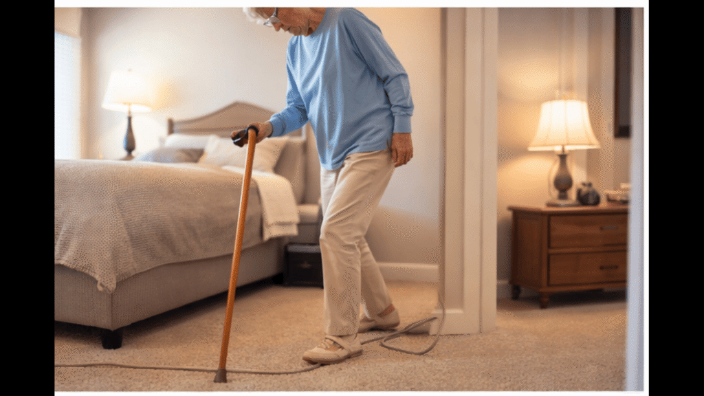 senior using a cane safely near the bed