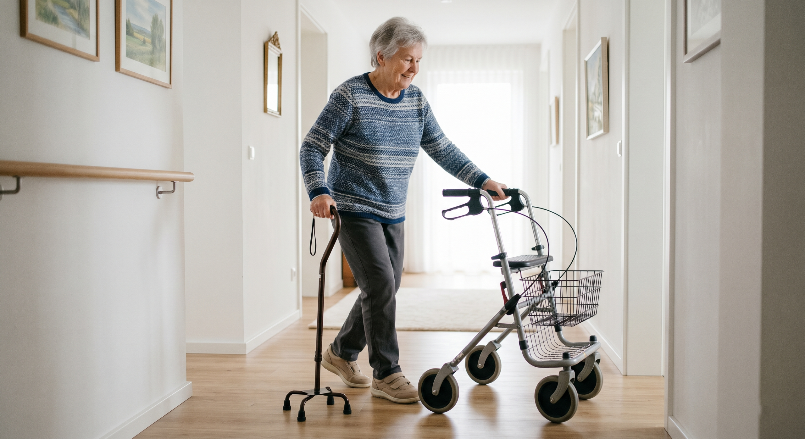 Senior woman comparing a cane and rollator walker in a home hallway, illustrating mobility aid options for balance, stability, and senior walking support.