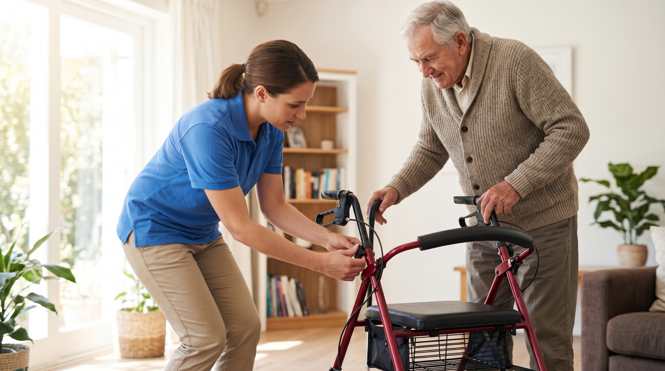 Caregiver adjusting the handle height of a rollator walker for an elderly man at home to ensure proper posture, comfort, and safe mobility support.