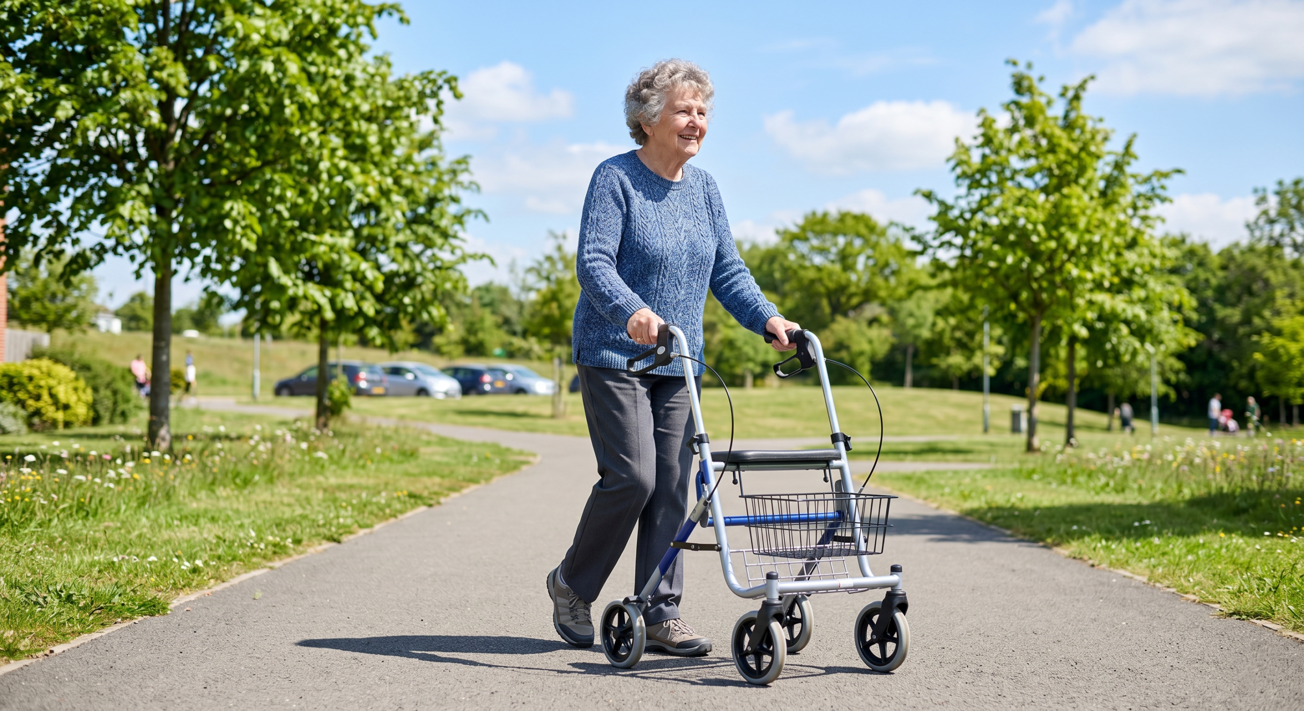Senior woman walking outdoors with a lightweight rollator walker featuring a seat and storage basket, illustrating mobility support and independence for elderly users.