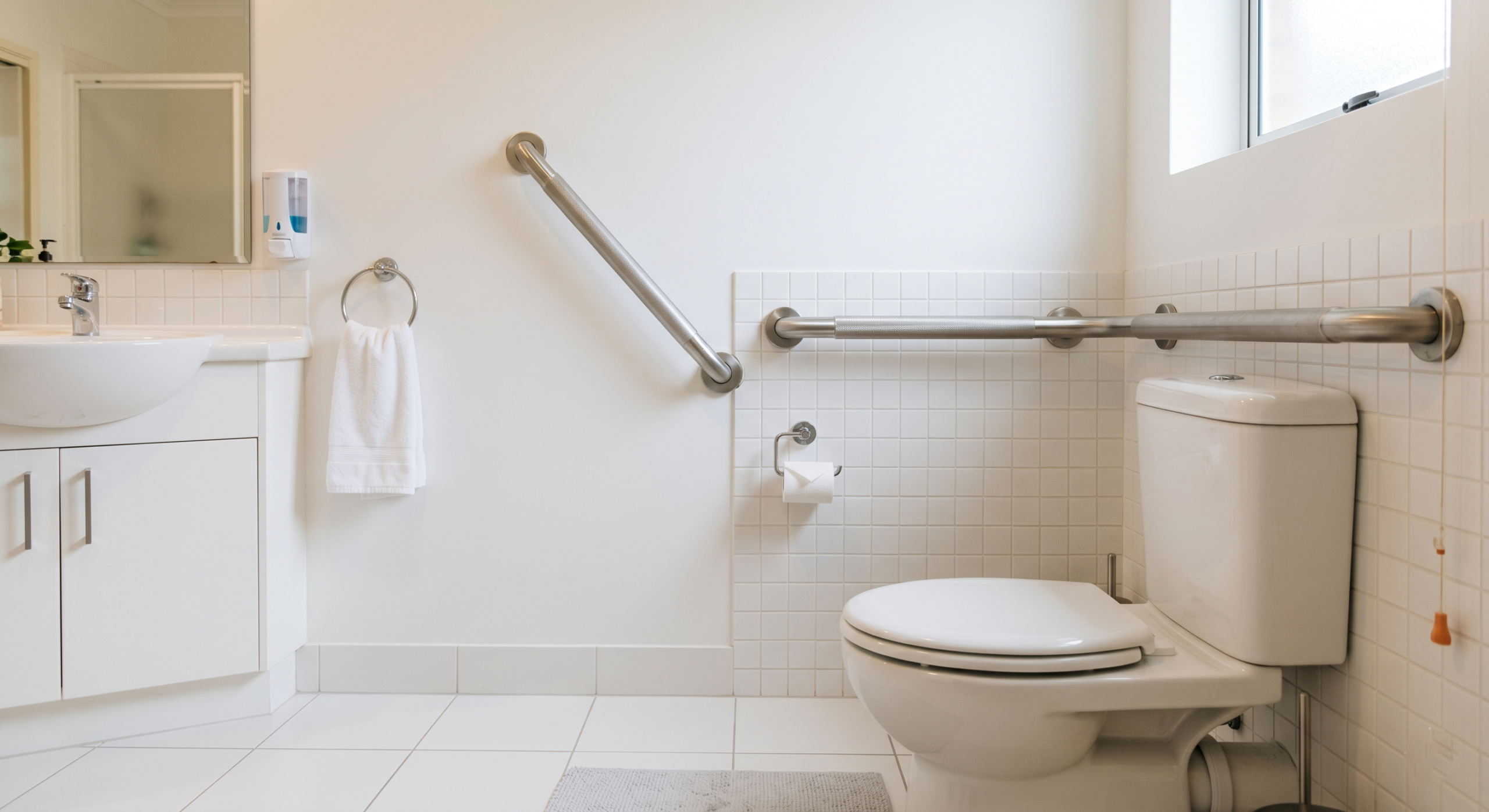 Accessible senior bathroom with properly placed horizontal and angled grab bars around the toilet area to improve safety, stability, and fall prevention for elderly users.