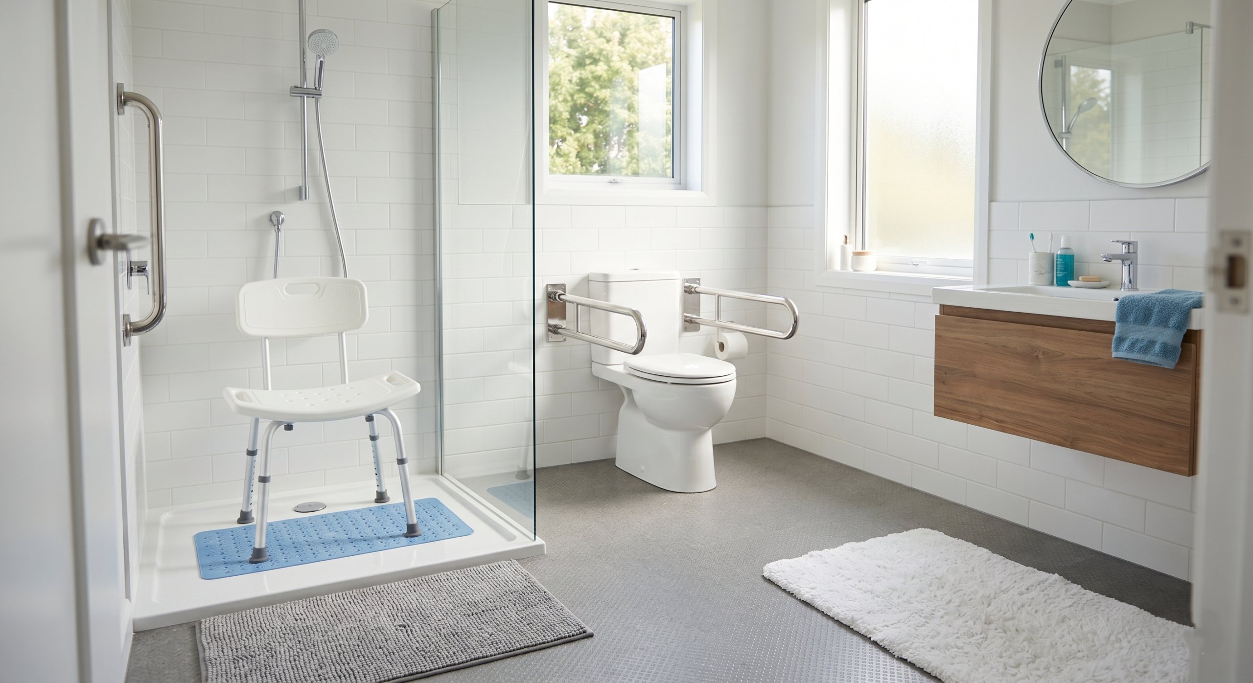 Accessible bathroom featuring senior safety products including grab bars, shower chair, non-slip mat, raised toilet support rails, and walk-in shower for elderly mobility and fall prevention.