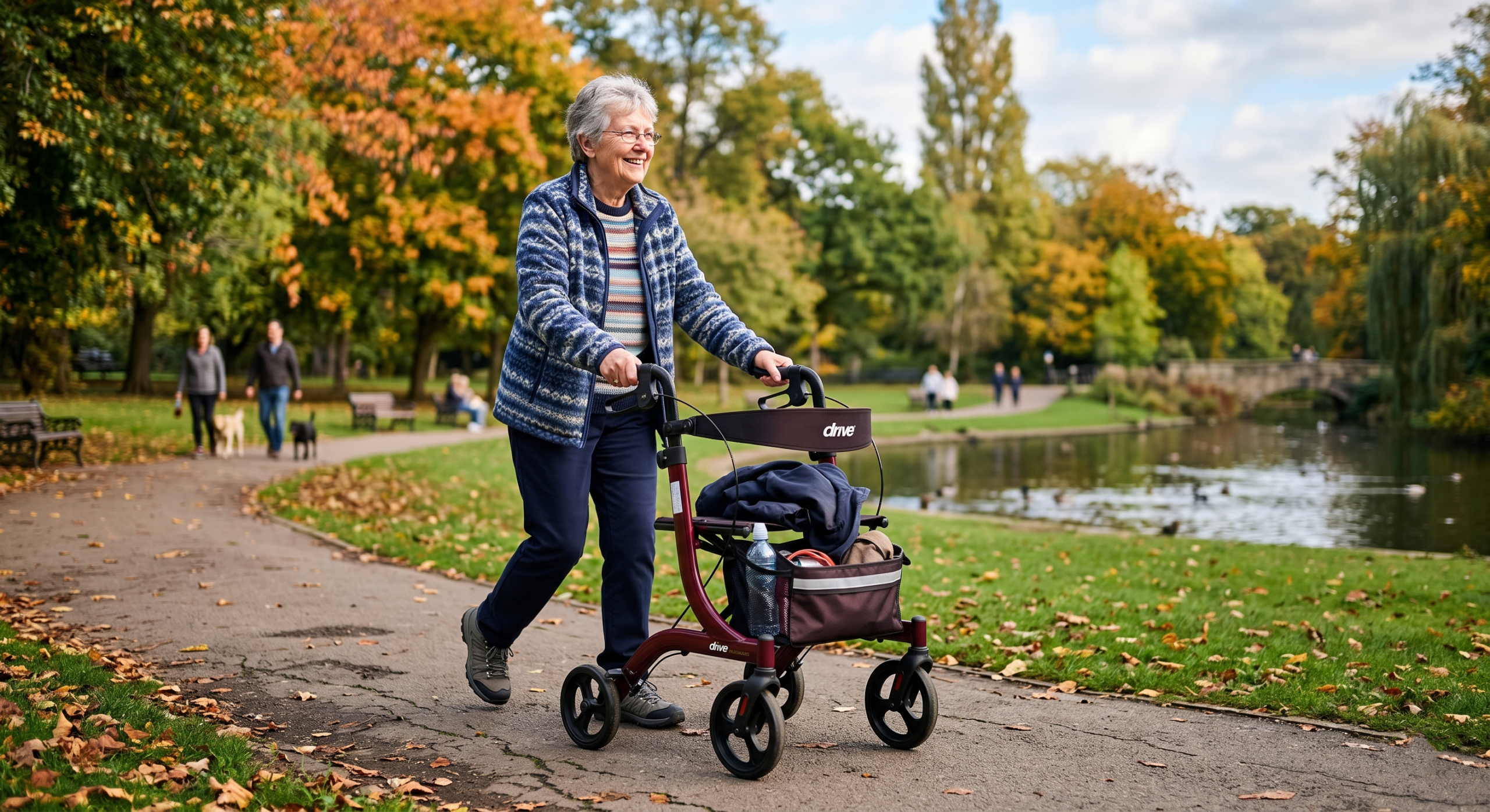 Senior woman walking outdoors in a park using a four-wheel rollator walker with seat and storage basket, demonstrating mobility support and independence for seniors.