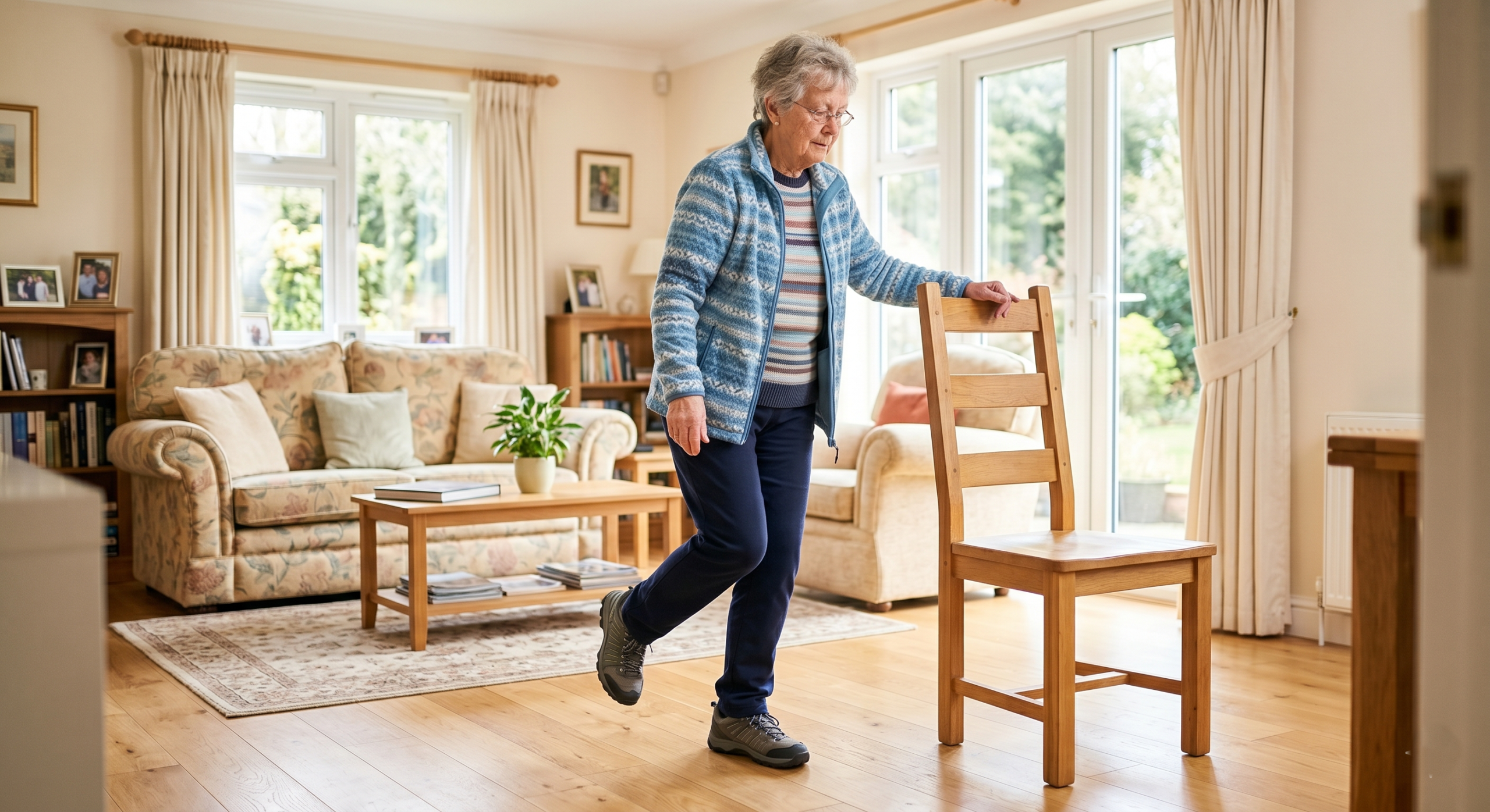 Senior woman performing balance and fall prevention exercises at home while using a wooden chair for support in a bright living room.