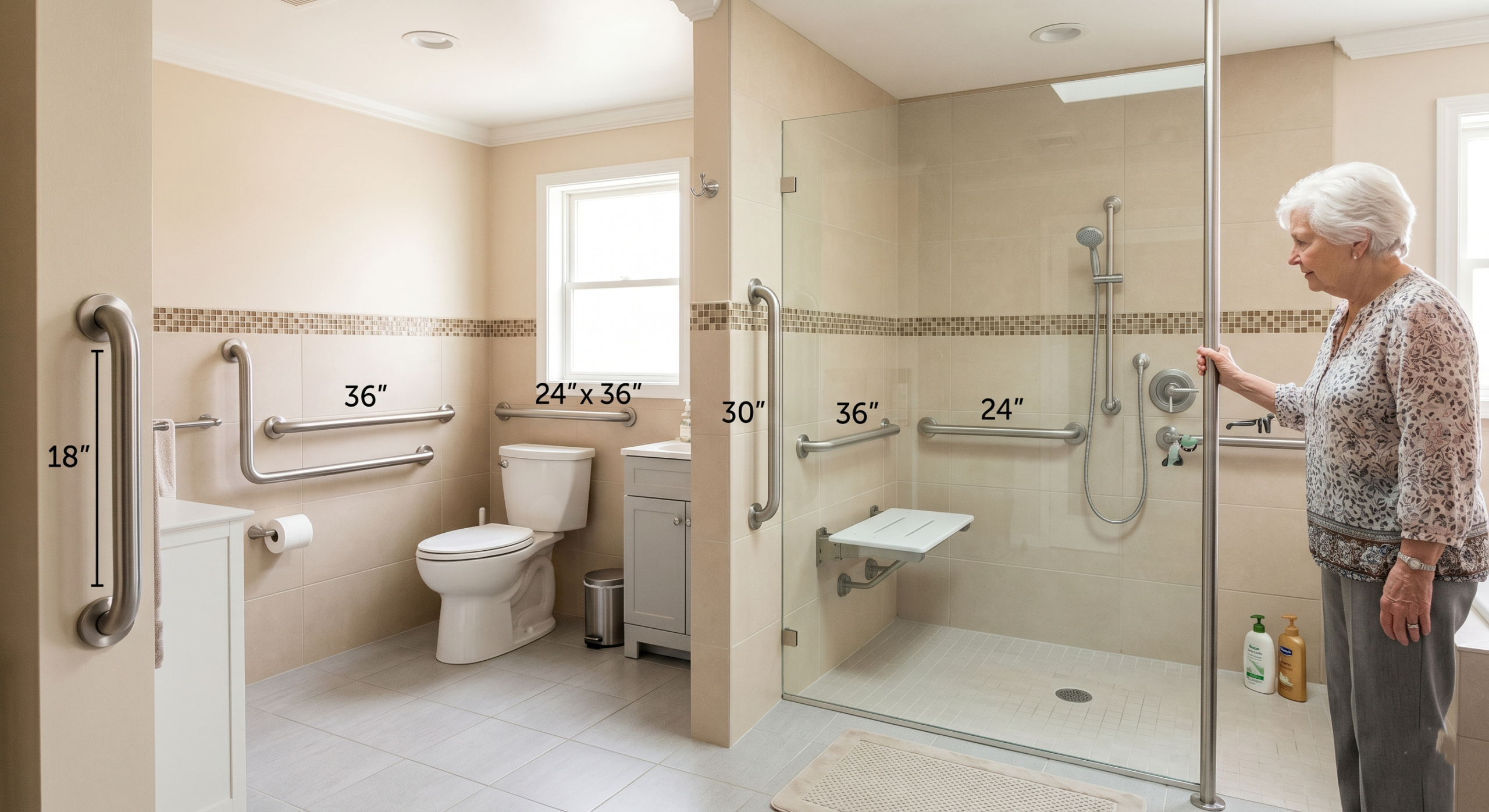 Accessible bathroom with handicap grab bars installed near the toilet and walk-in shower, showing recommended grab bar placement and dimensions for senior safety and mobility support.