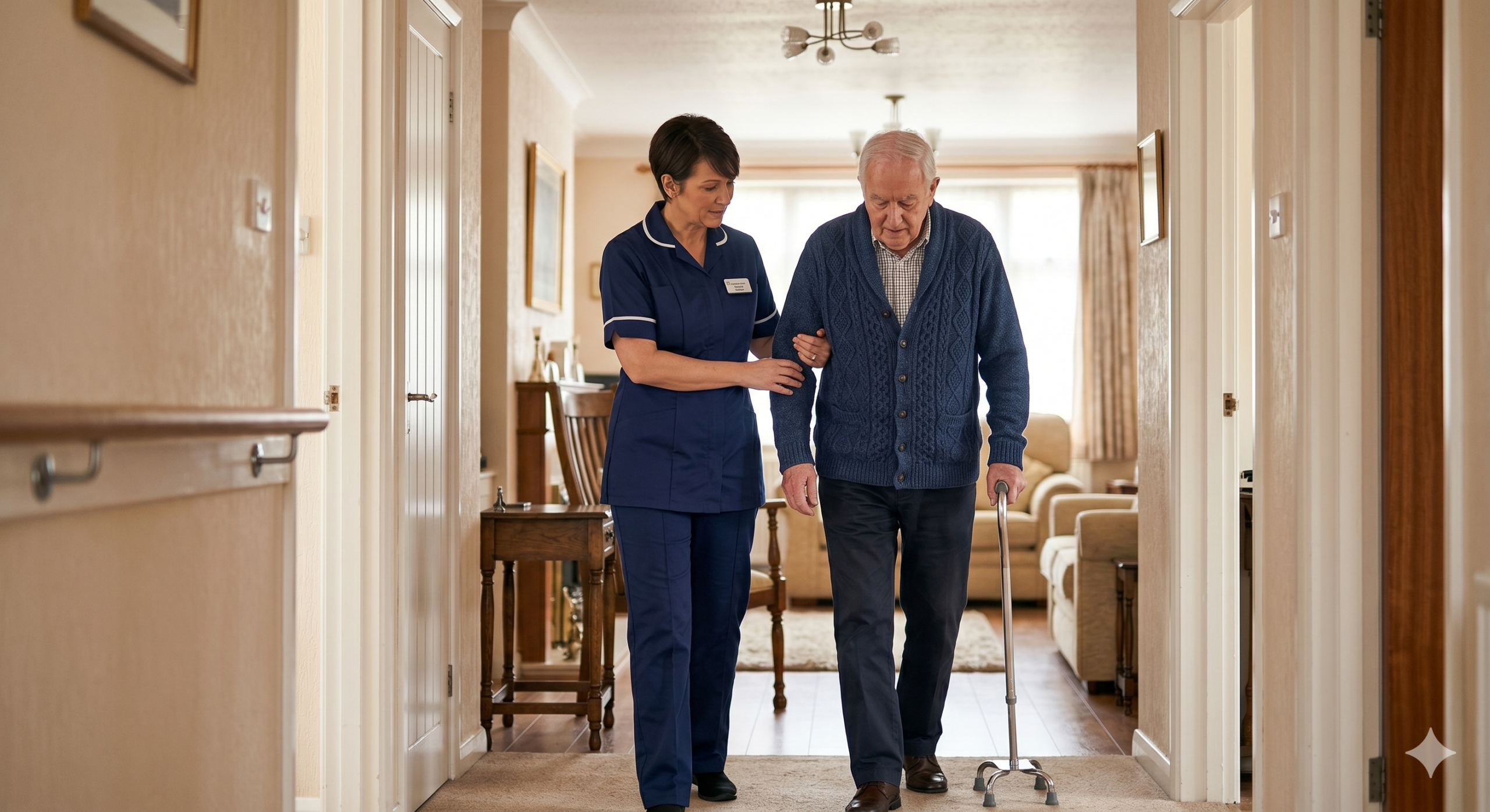 Caregiver assisting an elderly man using a quad cane while walking safely through a hallway with handrails in a senior-friendly home environment.