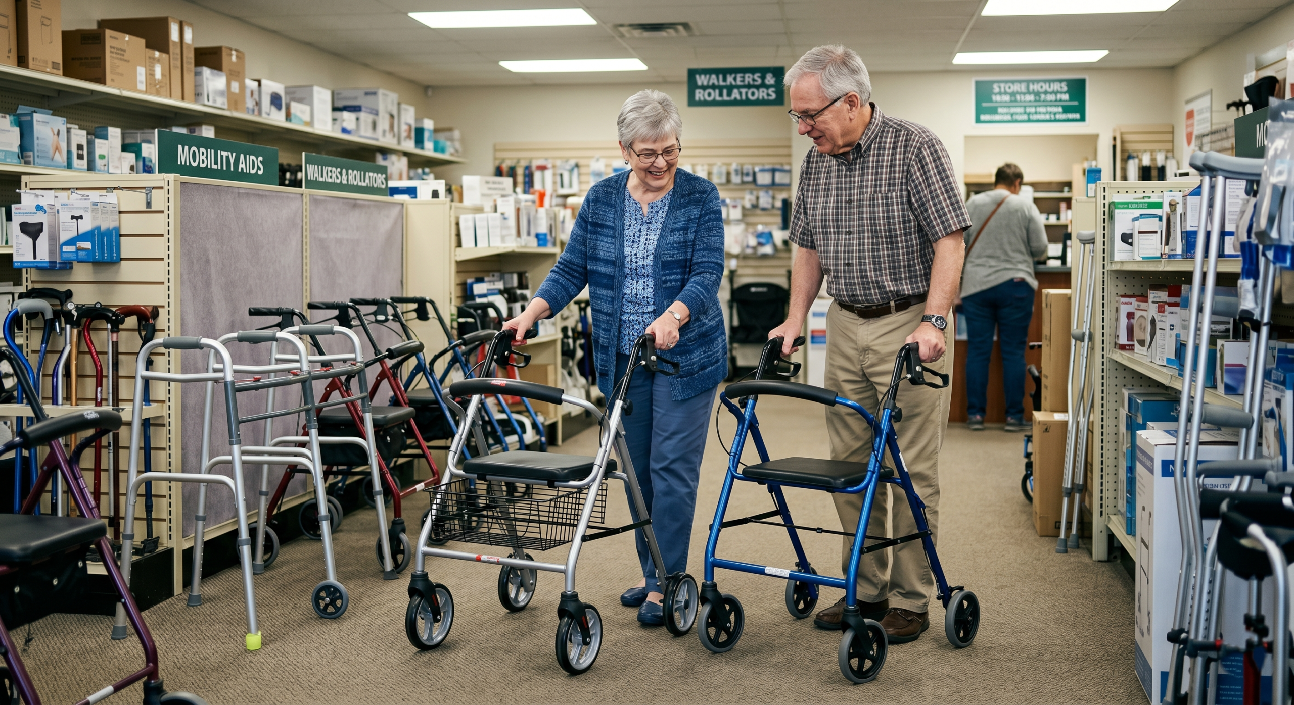 Senior couple comparing rollator walkers and mobility aids in a medical supply store while choosing the best walker for senior mobility and support.