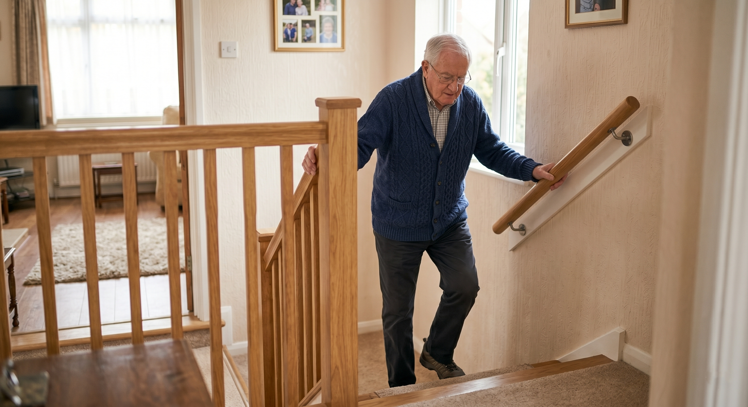 Elderly man carefully using a wooden handrail while walking down carpeted stairs at home, demonstrating stair safety and mobility support for seniors.