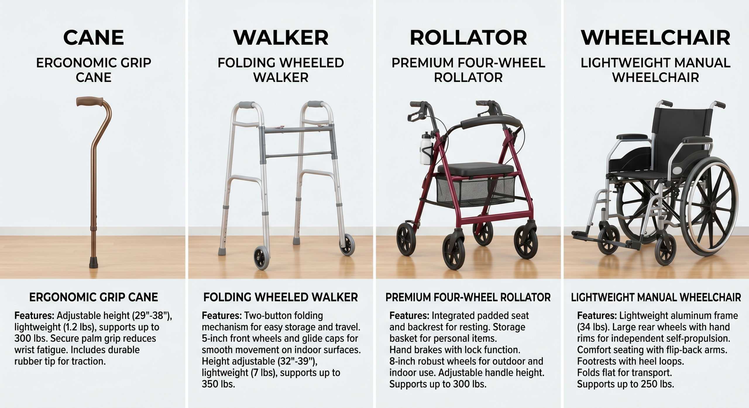 Infographic displaying four mobility aids side by side on a light indoor background: an ergonomic grip cane, a folding wheeled walker, a premium four-wheel rollator with seat and basket, and a lightweight manual wheelchair, each with labeled features and specifications.