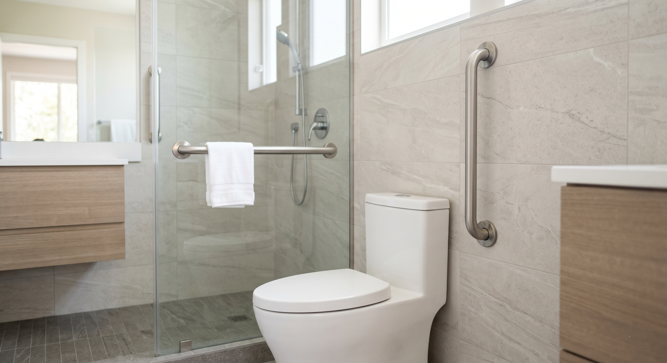 Modern accessible bathroom with vertical and horizontal grab bars installed around the toilet and shower area for senior safety and mobility assistance.