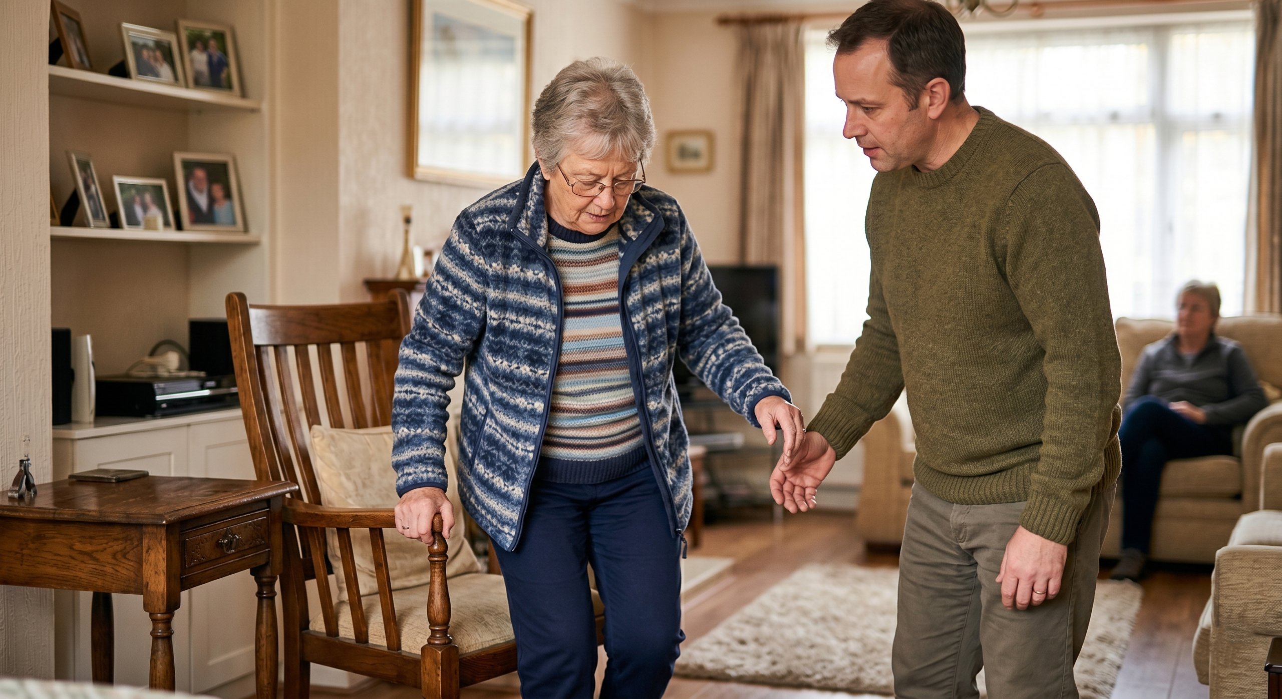 Caregiver assisting an elderly woman with balance and mobility at home, demonstrating signs that a senior may need to start using a walker for safety and support.