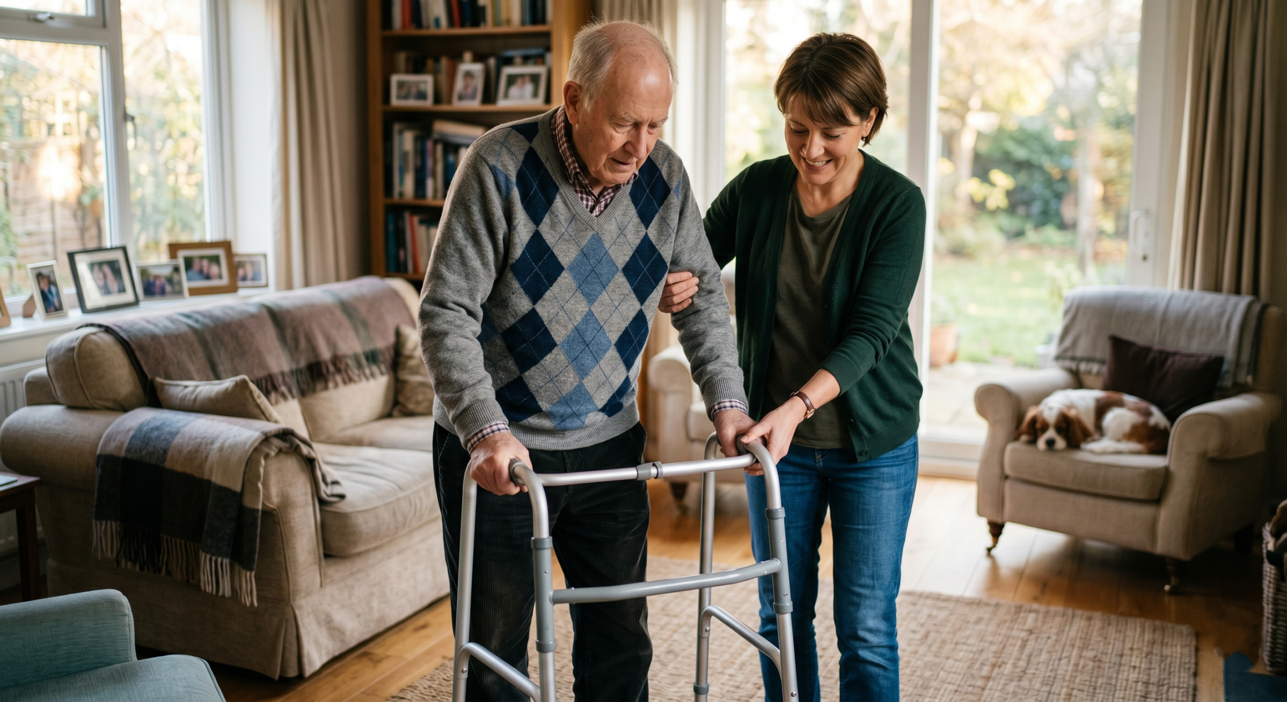 Caregiver helping an elderly man use a walker safely at home, illustrating when seniors may need a mobility aid for balance, stability, and fall prevention.