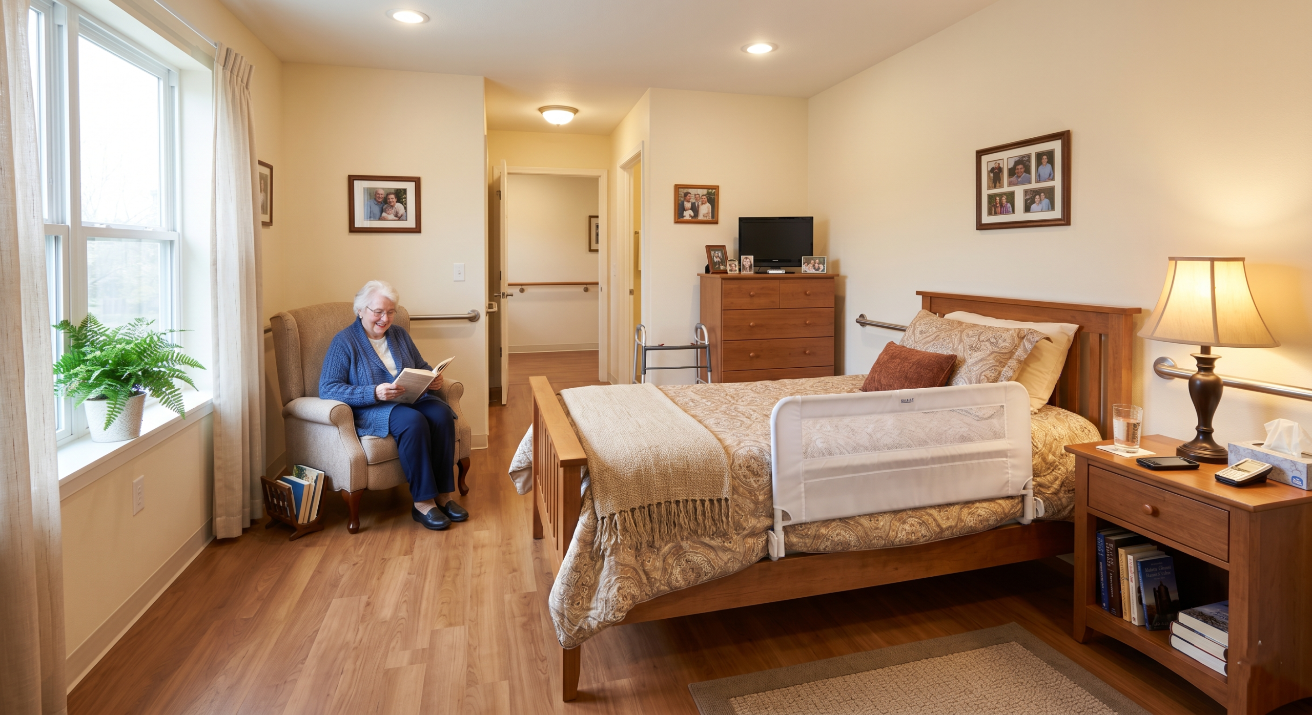 bedroom safety for seniors with bed rail and night lighting