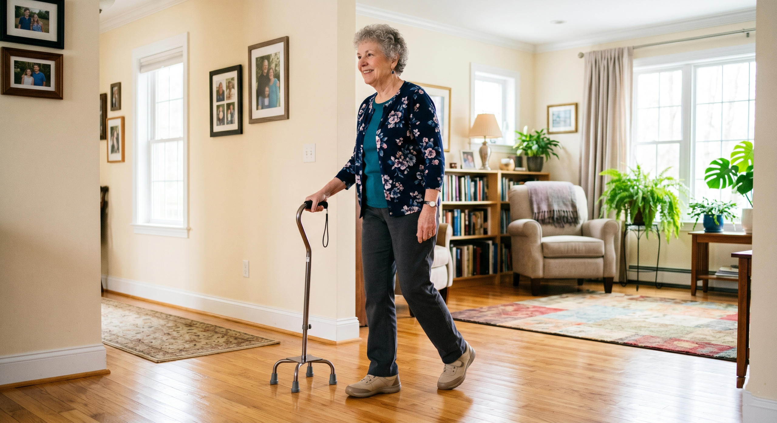 elderly woman using a cane for seniors walking safely indoors