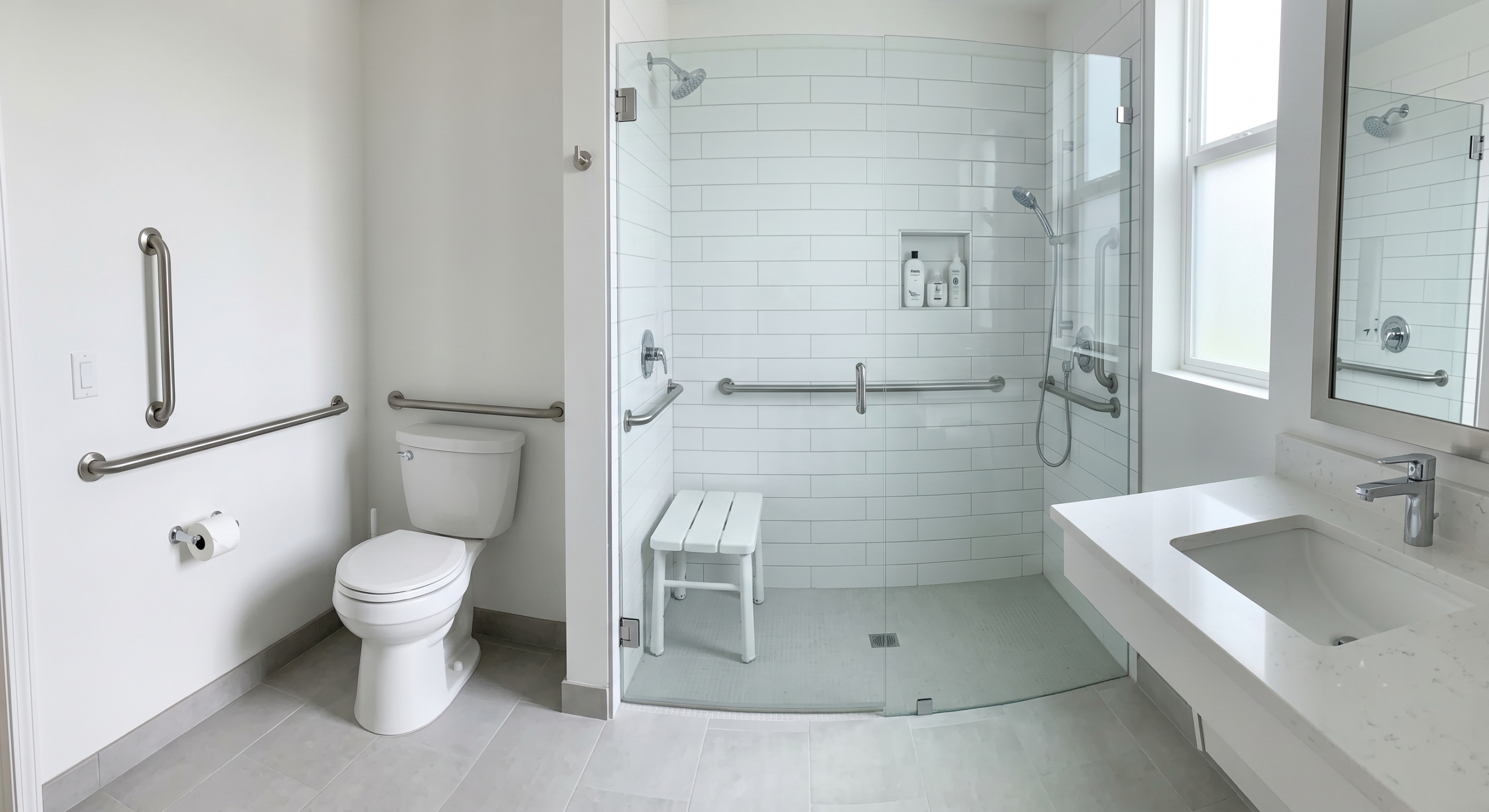handicap grab bar locations in senior bathroom next to toilet and shower