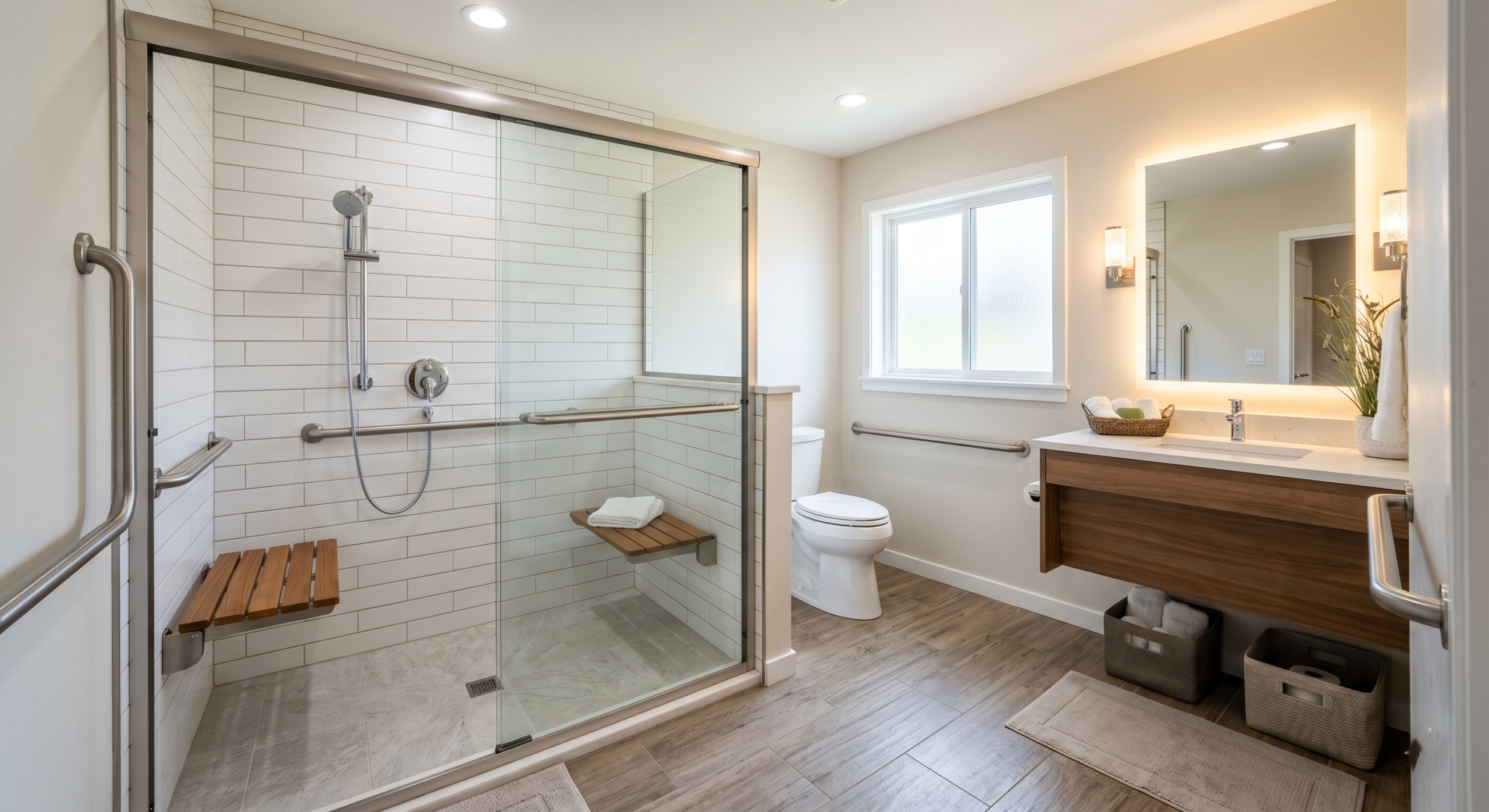 senior bathroom renovation ideas with grab bars and walk-in shower